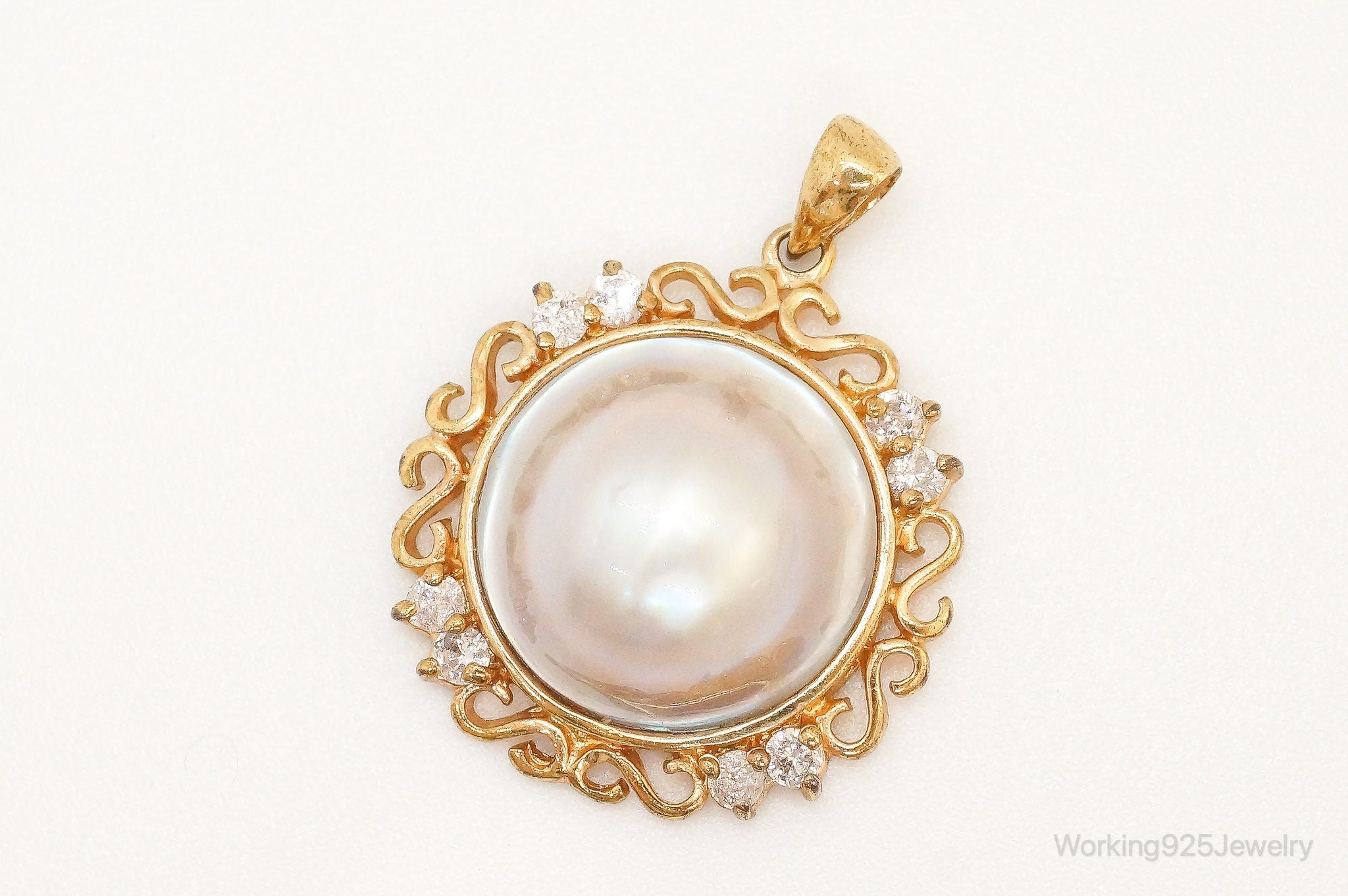 Vintage Pearl Gold Vermeil Cubic Zirconia Sterling Silver Pendant