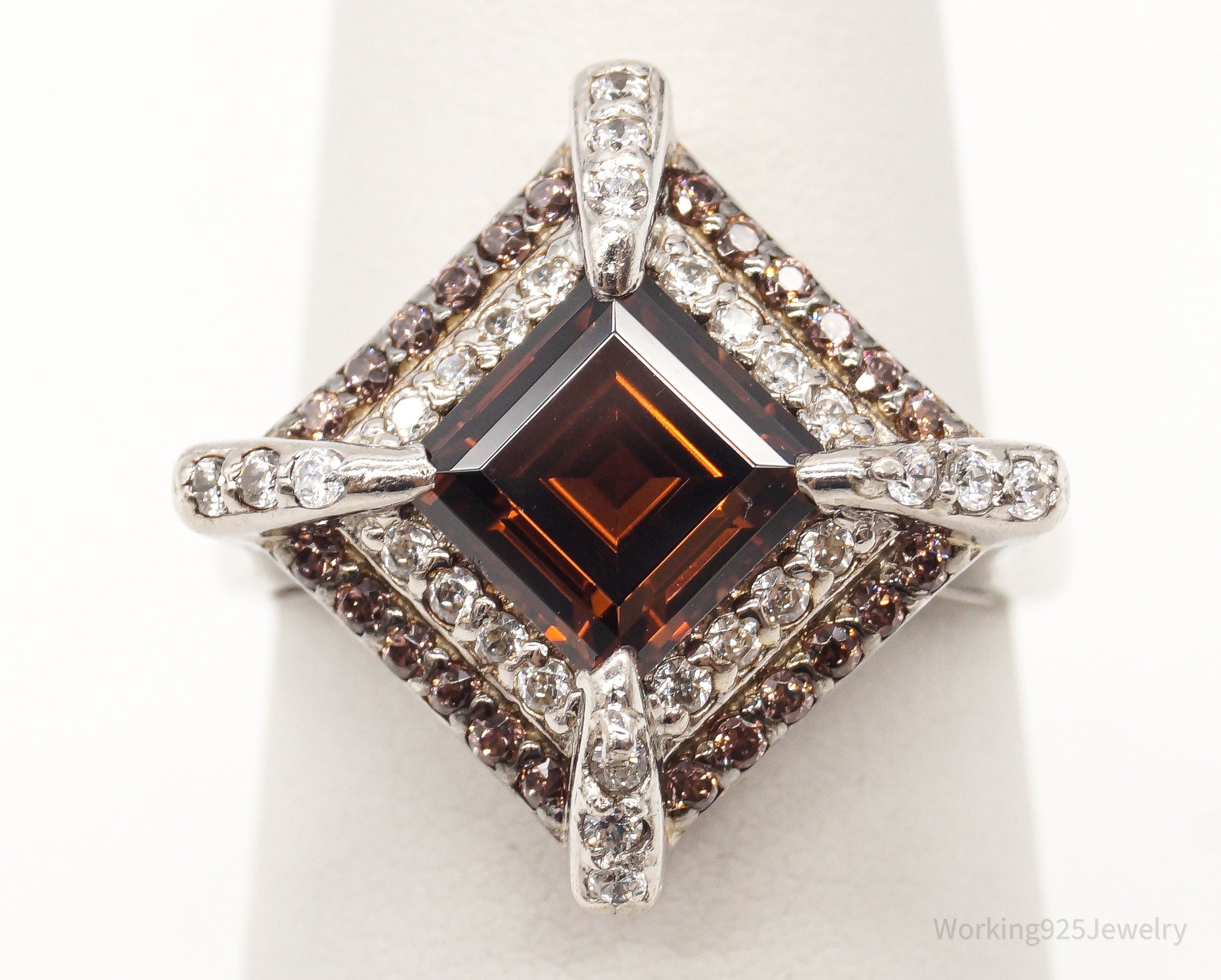 Vintage Smoky Topaz Cubic Zirconia Platinum Clad Sterling Silver Ring - Size 6