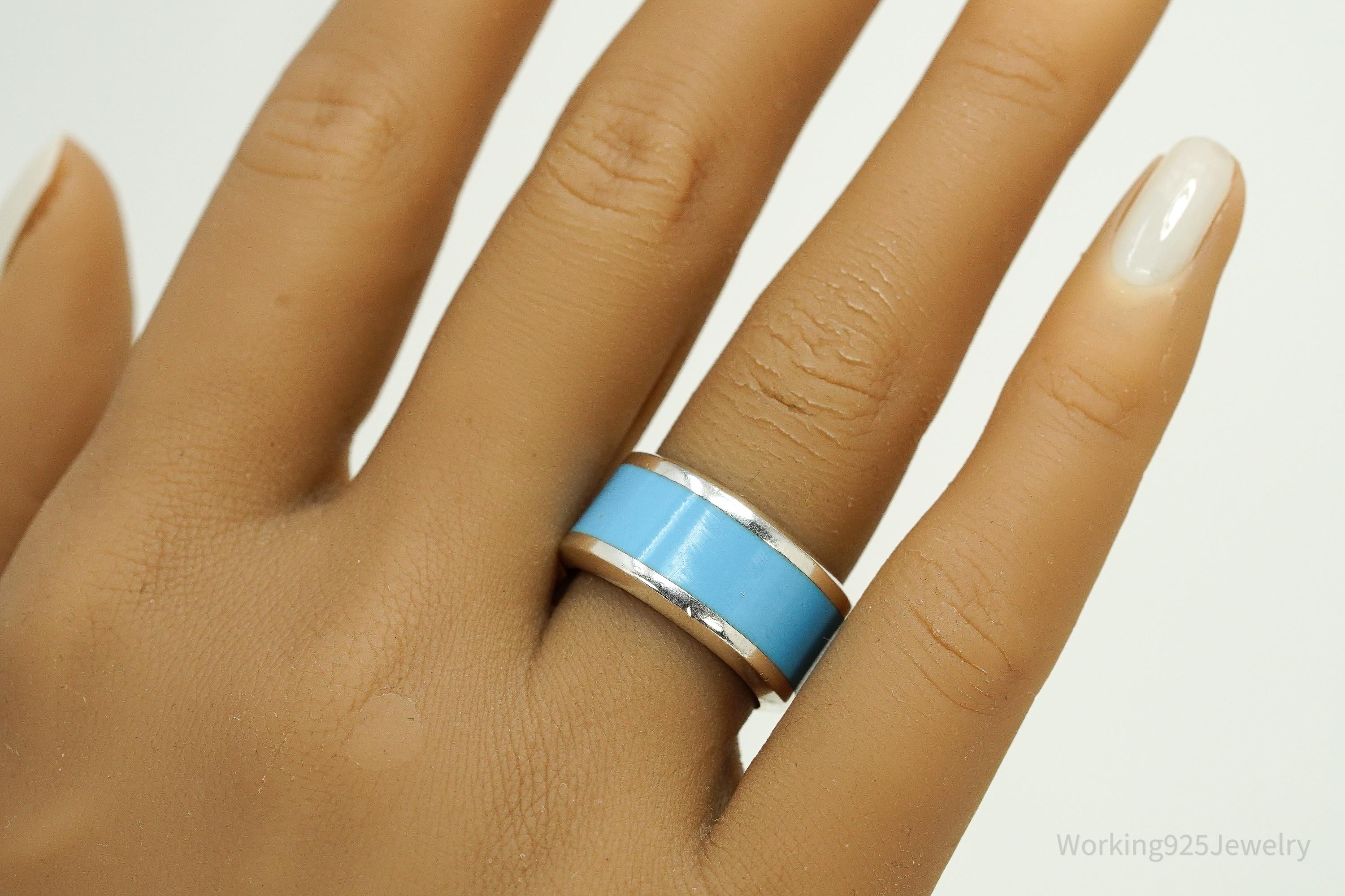 Vintage Blue Enamel Sterling Silver Wide Band Ring - Size 7.75