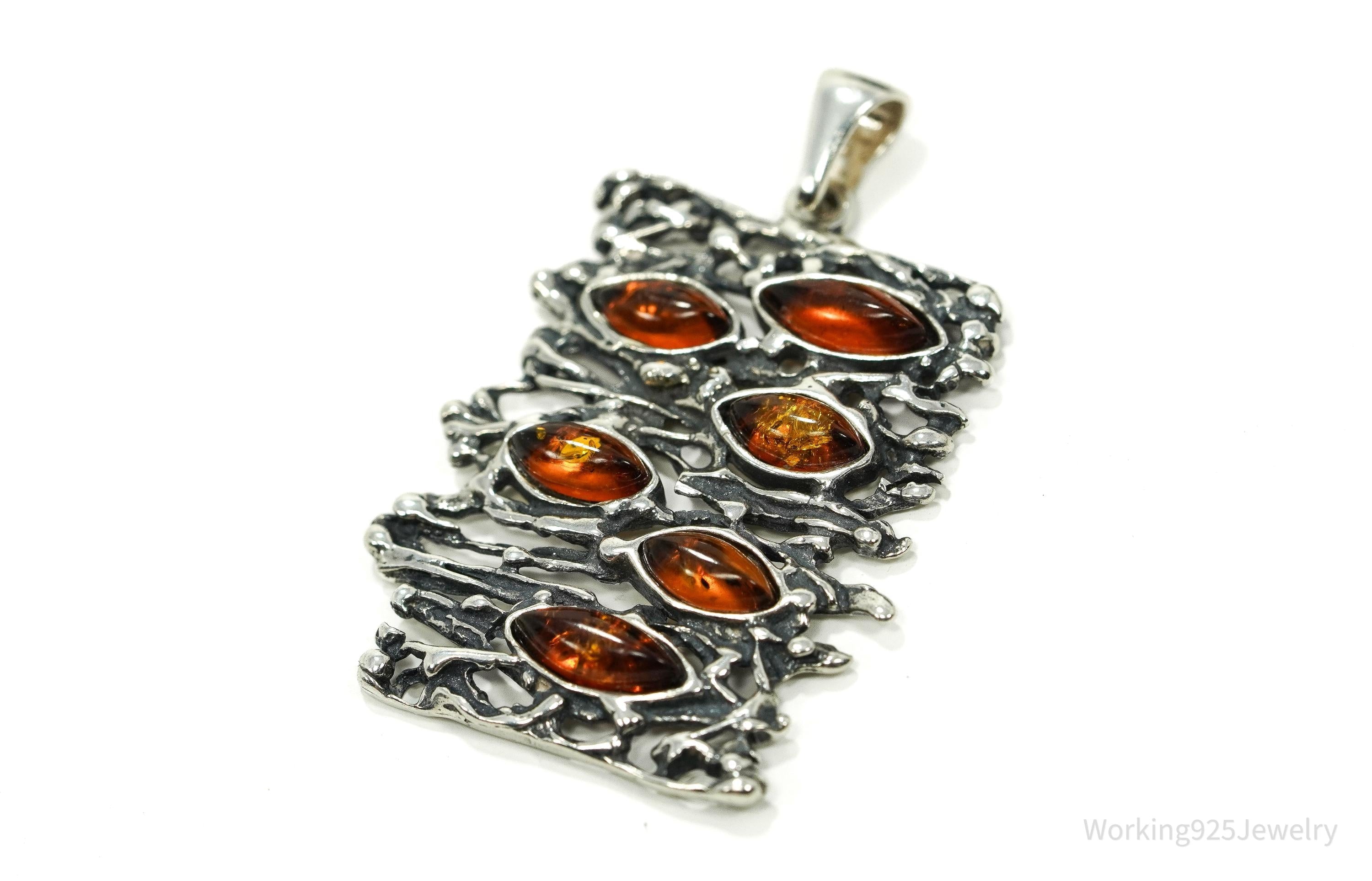 Vintage Brutalist Amber Sterling Silver Pendant