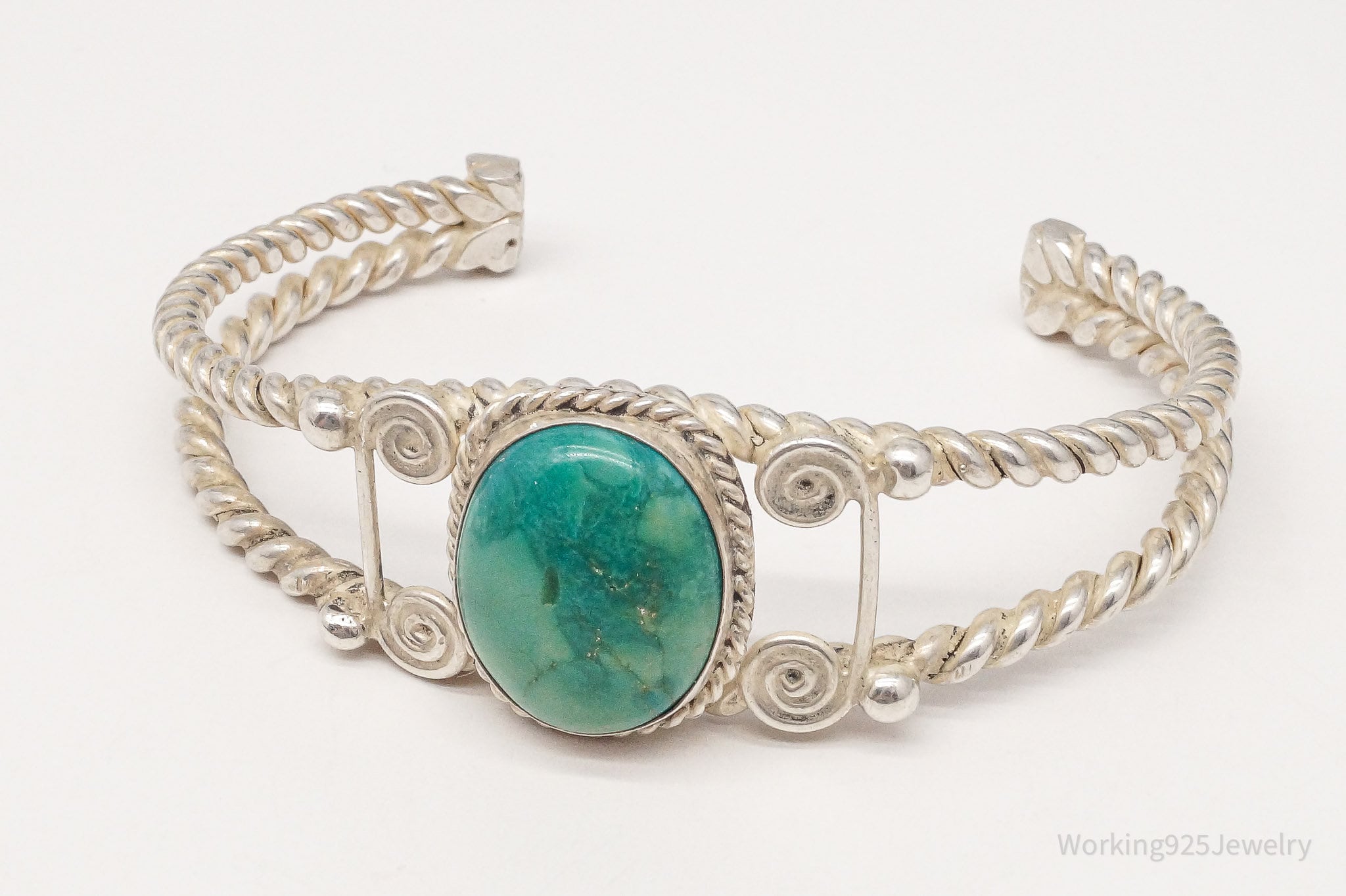 Vintage Handmade Filigree Turquoise Rope Design Silver Cuff Bracelet