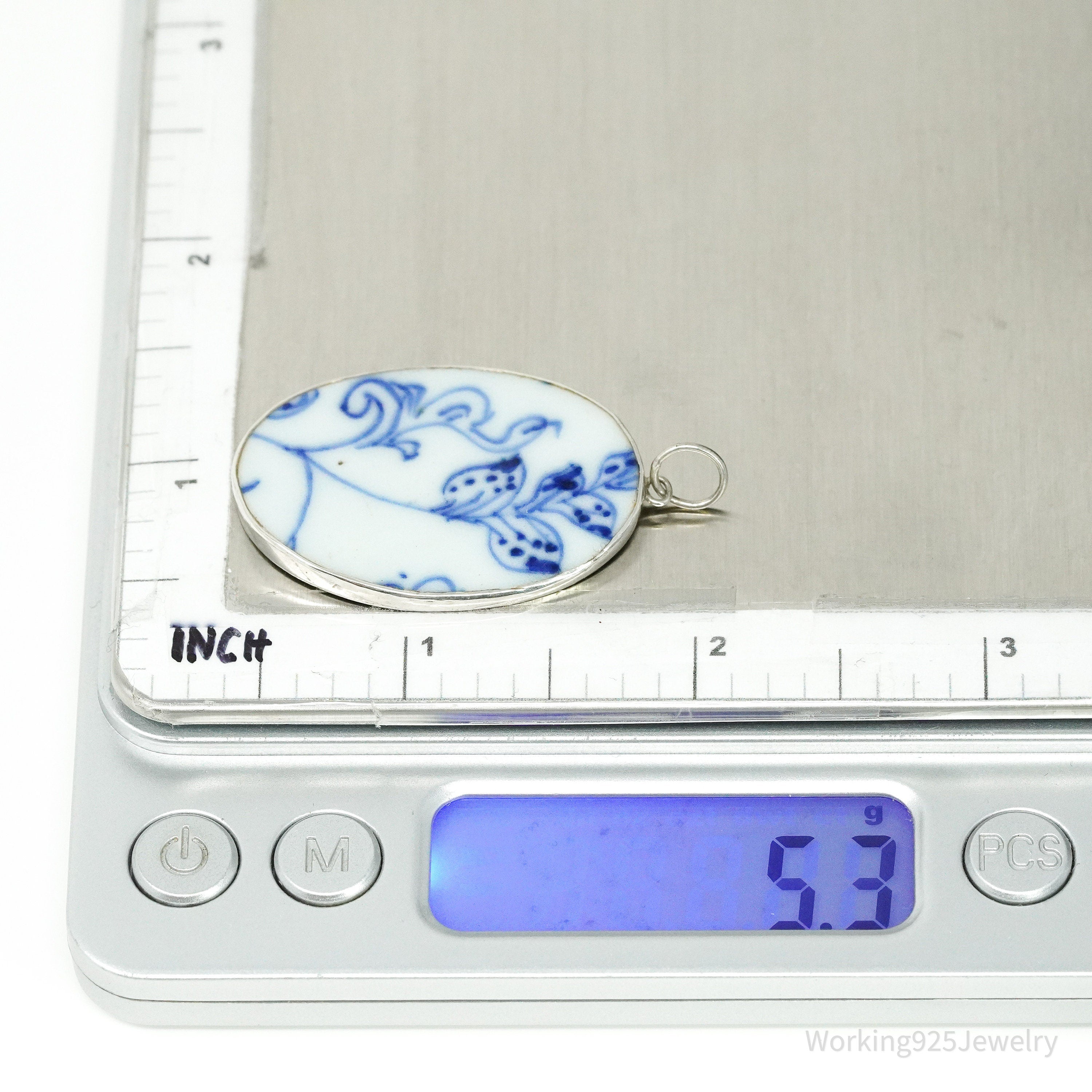 Vintage White Blue Ming Porcelain Sterling Silver Pendant