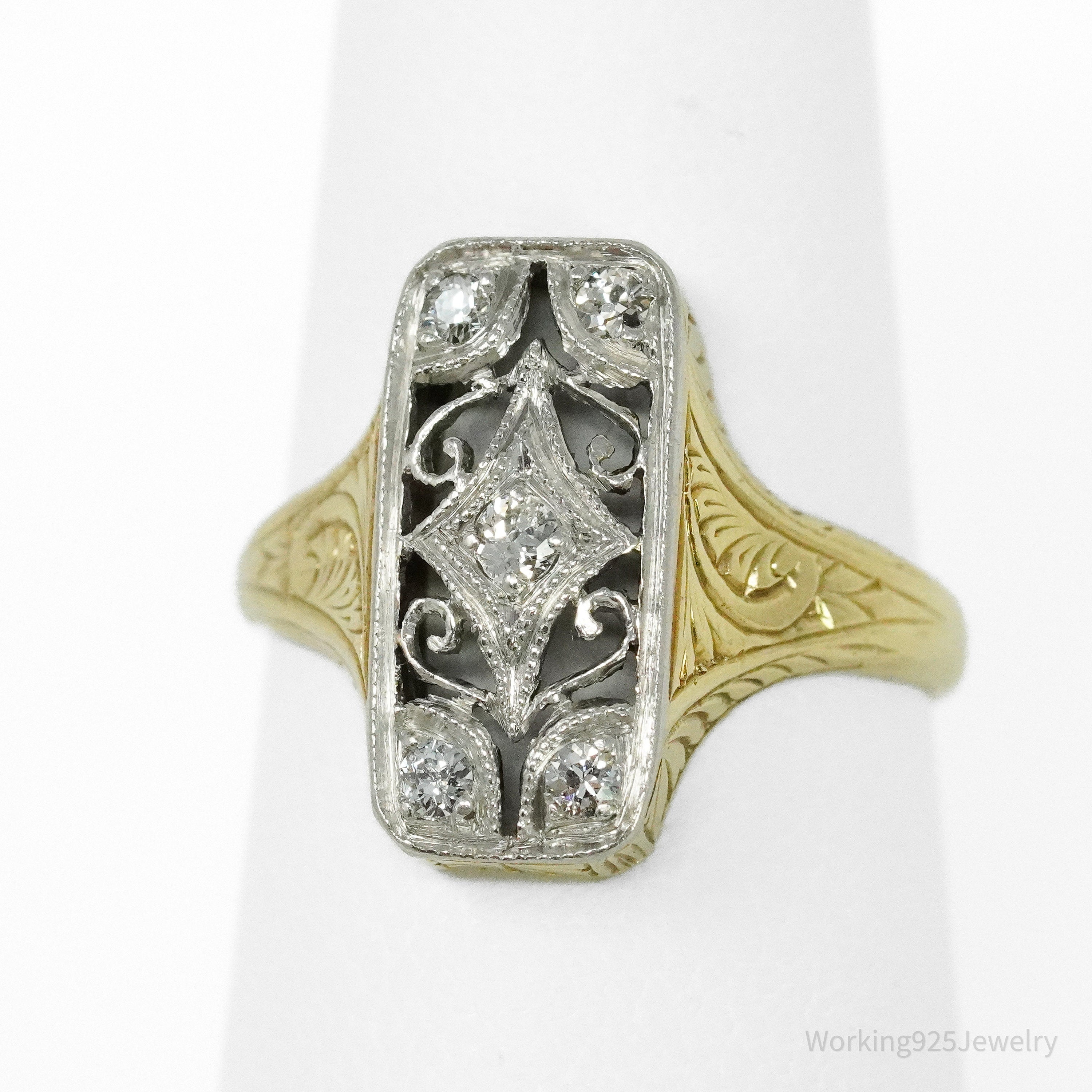 1920s 14k Yellow Gold & Platinum European Cut Diamond Ring - Size 5 1/4