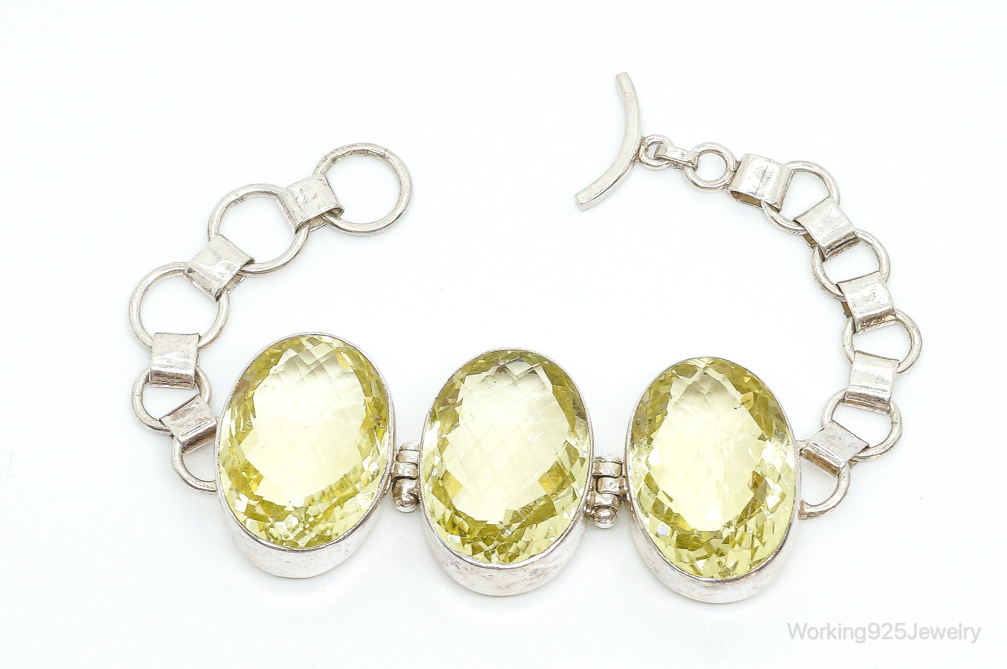 Vintage Large Lemon Quartz Sterling Silver Toggle Bracelet