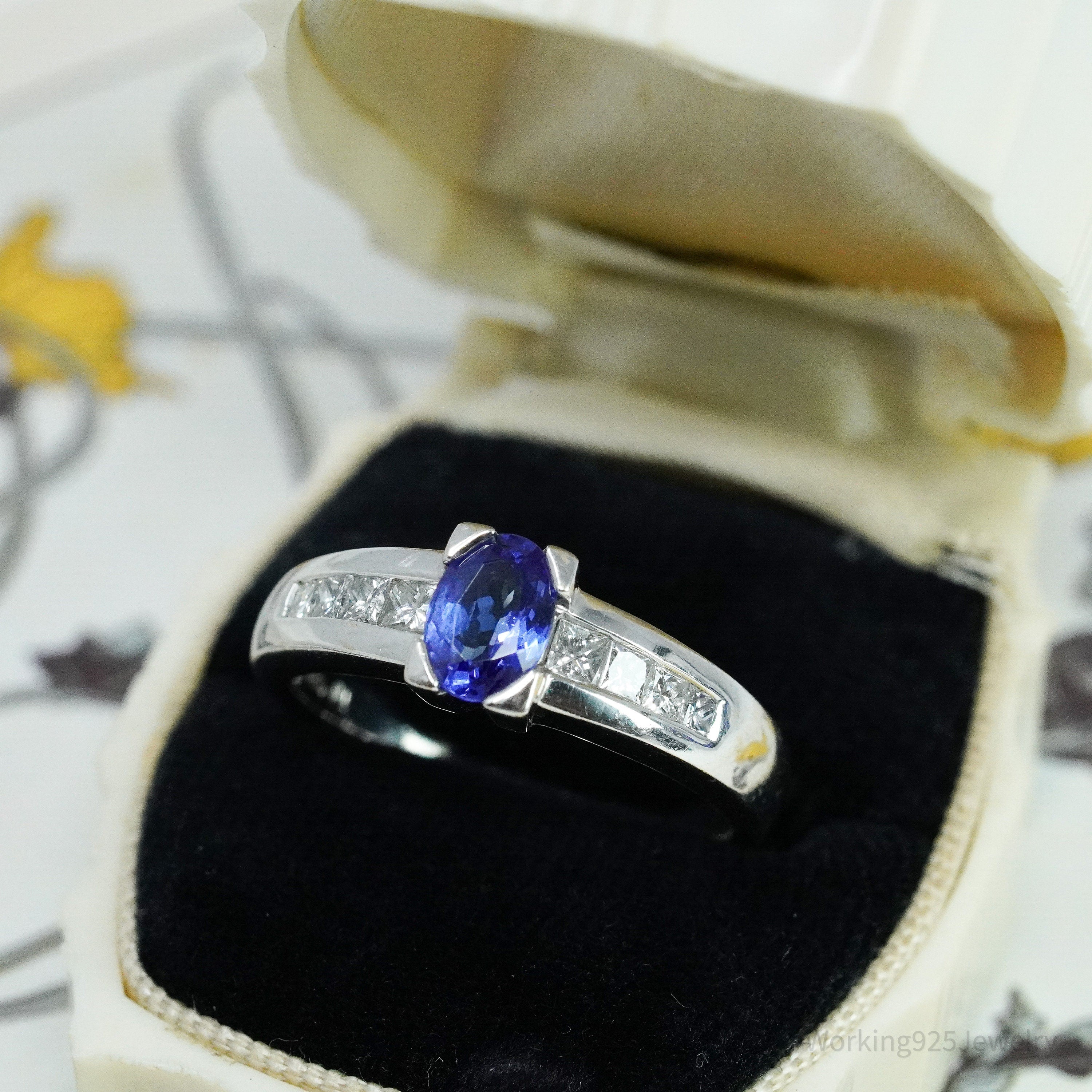 14K White Gold, Diamond & Oval Tanzanite Cocktail Ring - Size 9