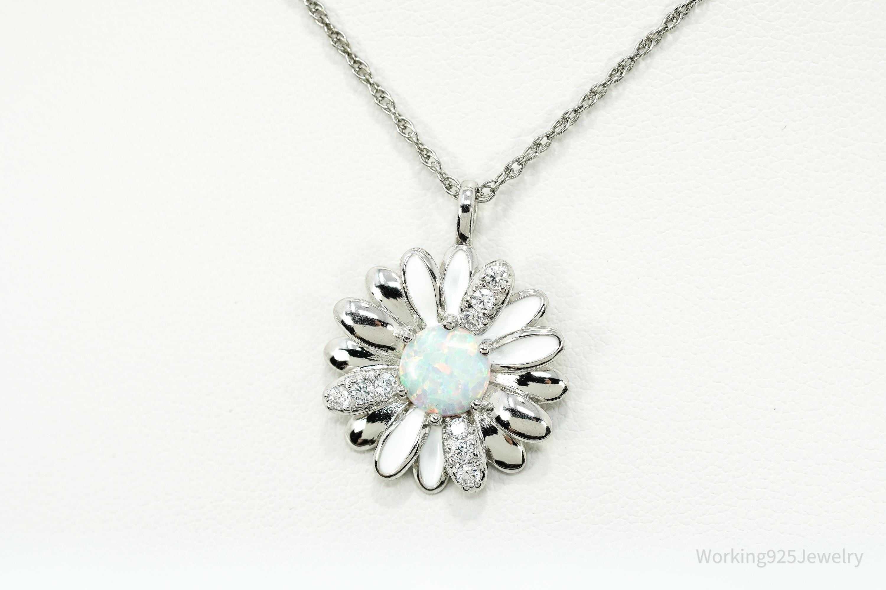 Opal & Cubic Zirconia Sterling Silver White Enamel Flower Chain Necklace 18"