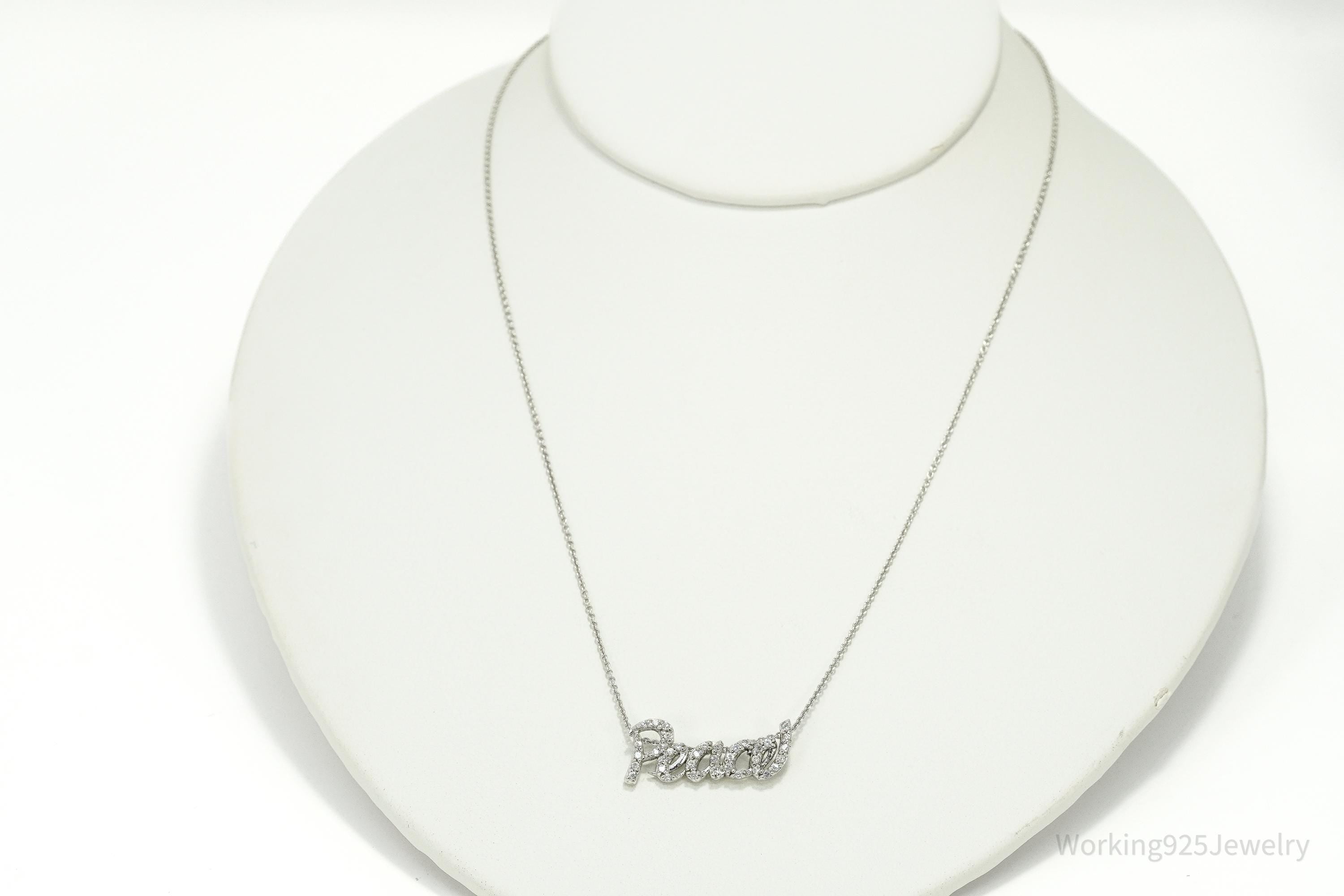 Vintage Cubic Zirconia "Peace" Sterling Silver Necklace 20"