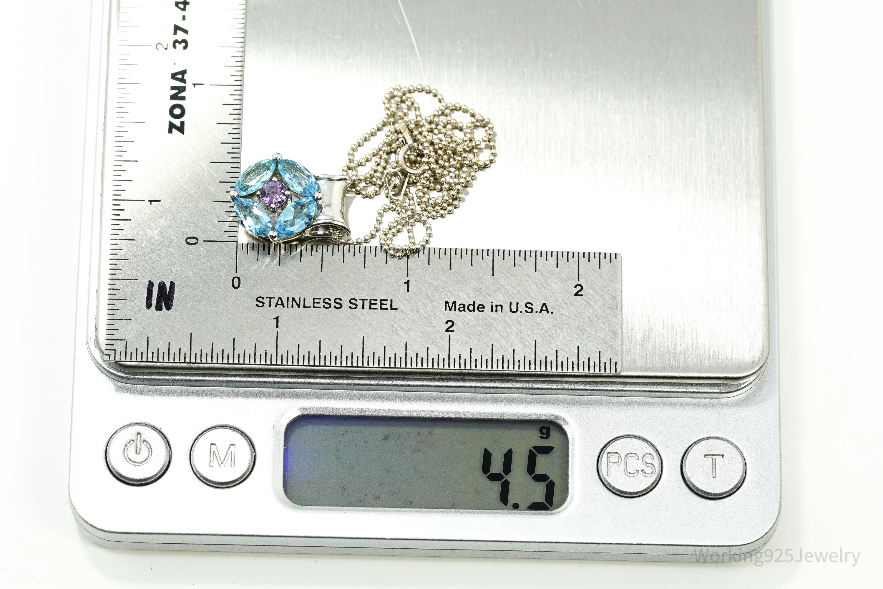 Vintage Designer S&G Blue Topaz Amethyst Sterling Silver Necklace 20"