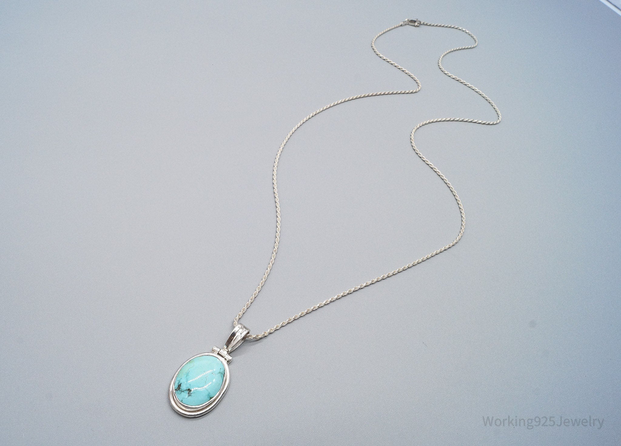 Vintage Large Blue Turquoise Pendant Sterling Silver Necklace 30"