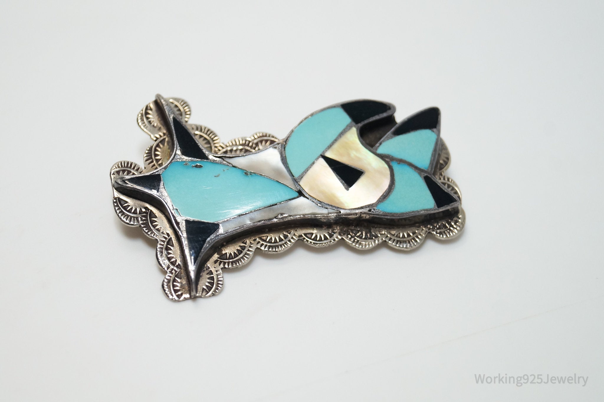 Vintage Handmade Native American Zuni Multi Gem Inlay Sterling Silver Brooch Pin