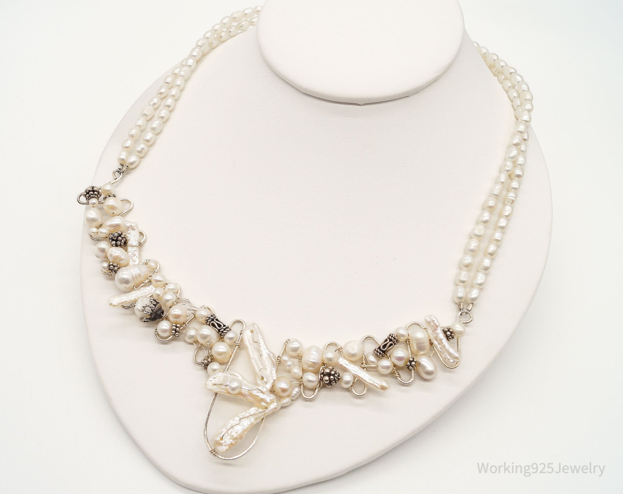 Vintage Pearls Beads Filigree Sterling Silver Necklace