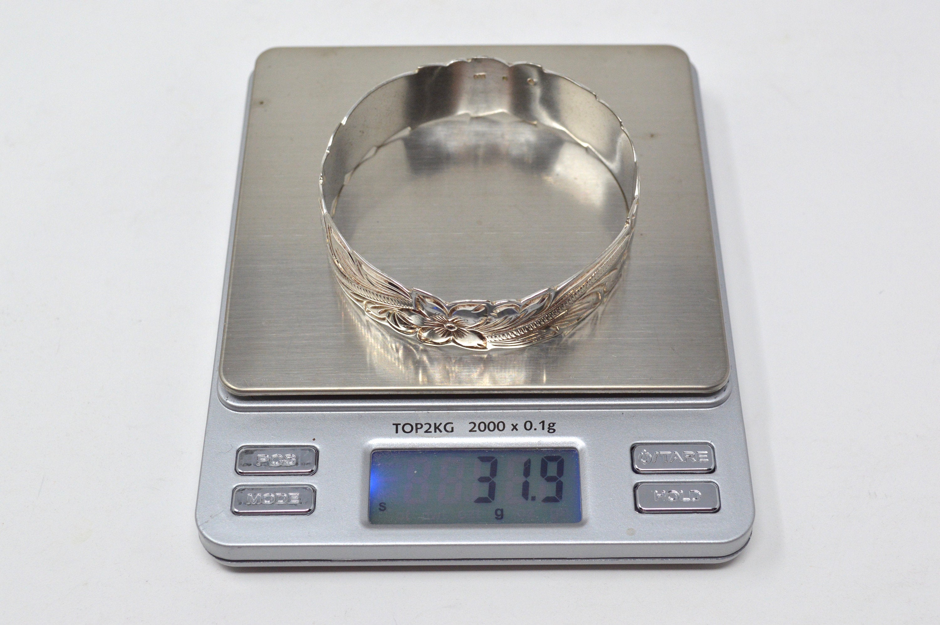 Vintage Floral Flower Pattern Carved Sterling Silver Bangle Bracelet