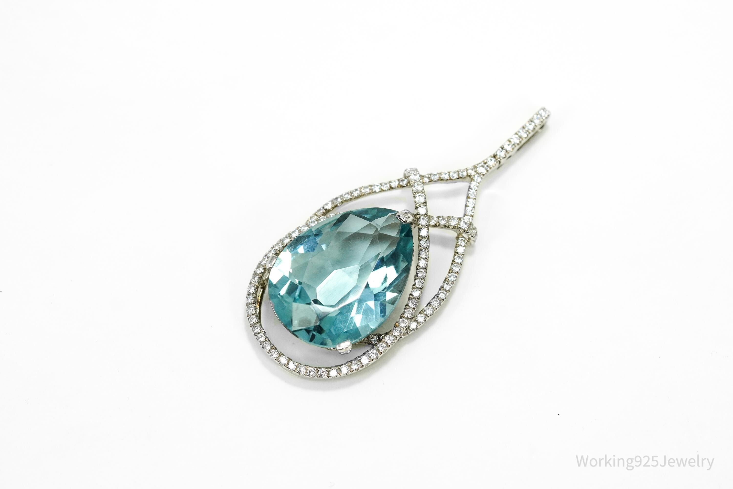 STAUER Large Blue Topaz & White Zircon Sterling Silver Pendant