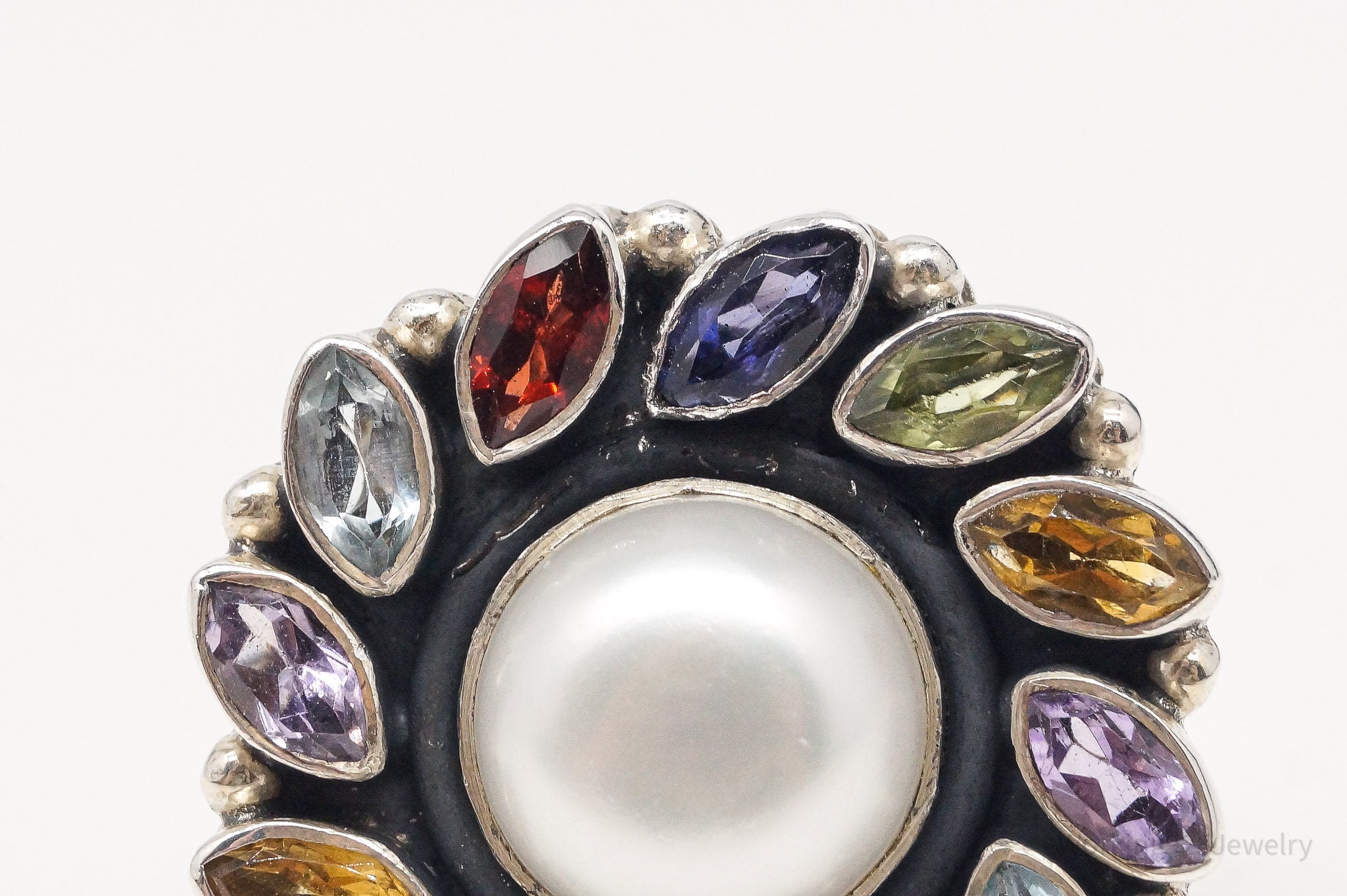 Vintage Multi Gemstone Flower Sterling Silver Ring - Size 7.25