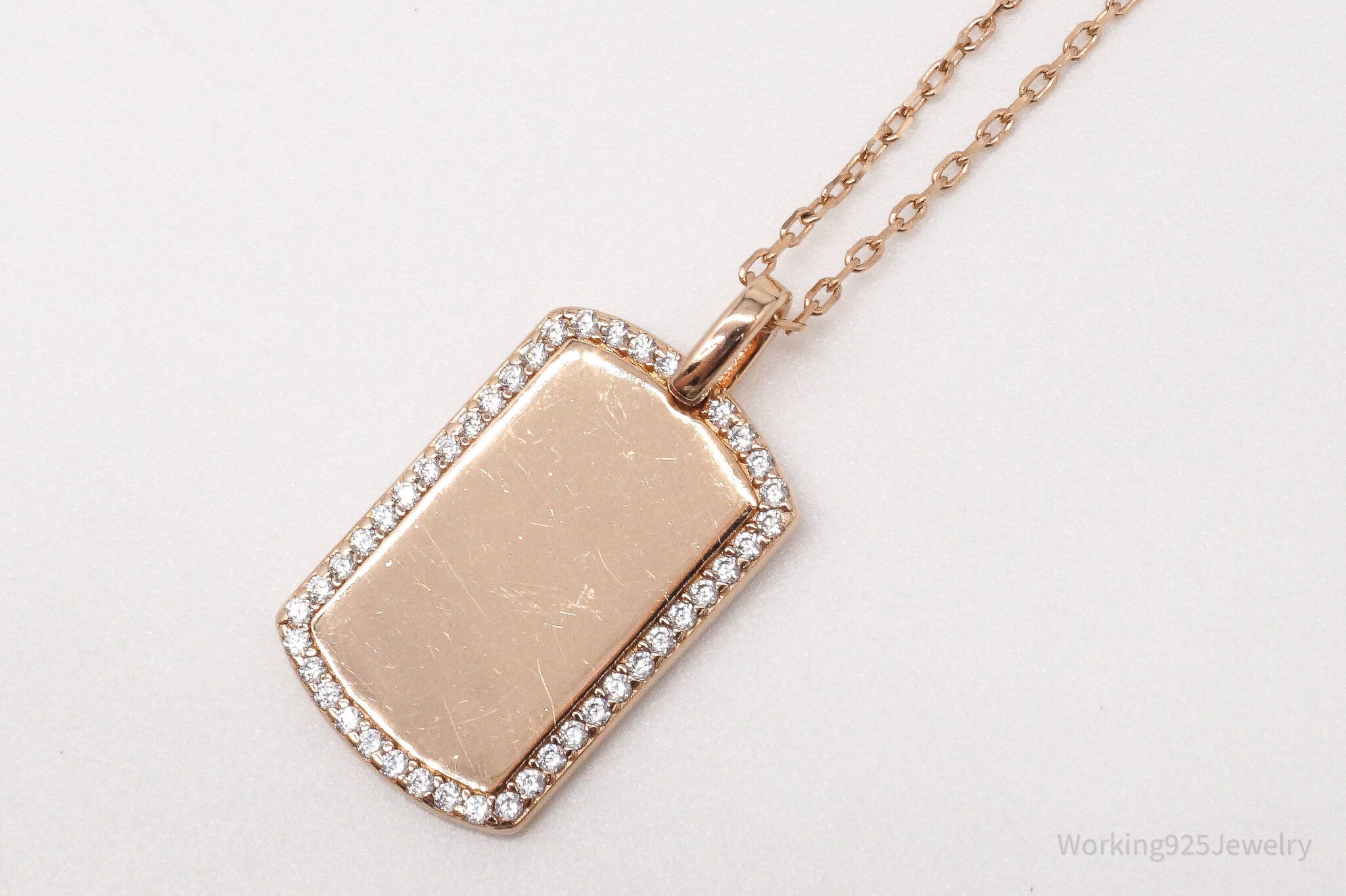 Vintage JCL Cubic Zirconia Rose Gold Vermeil Sterling Silver Dog Tag Necklace 20"