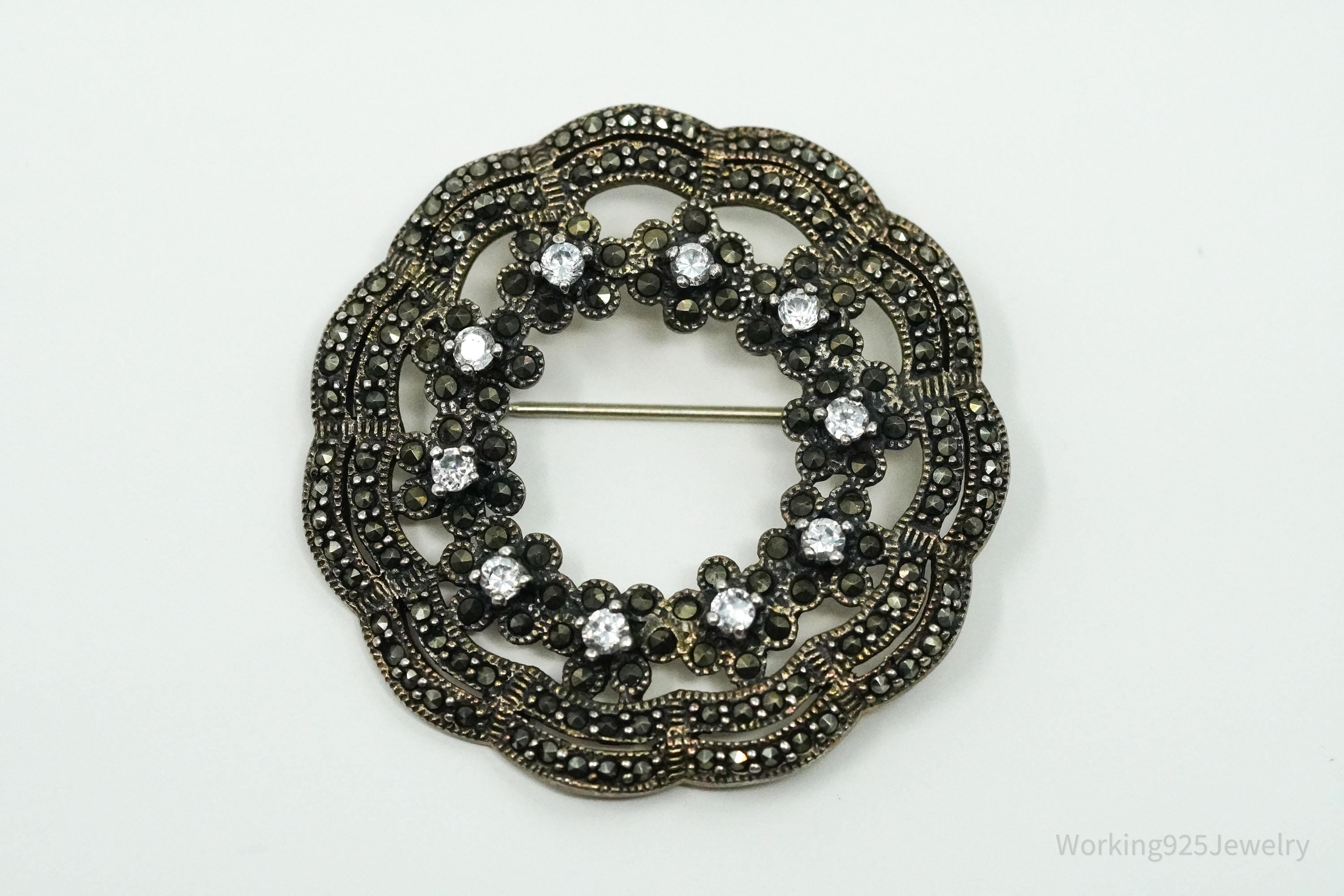 Vintage Cubic Zirconia & Marcasite Sterling Silver Brooch Pin