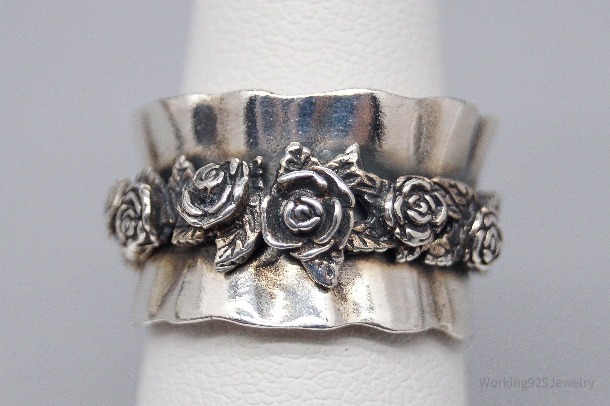 Vintage Israel Designer RL Sterling Silver Roses Band Ring - Size 5.75