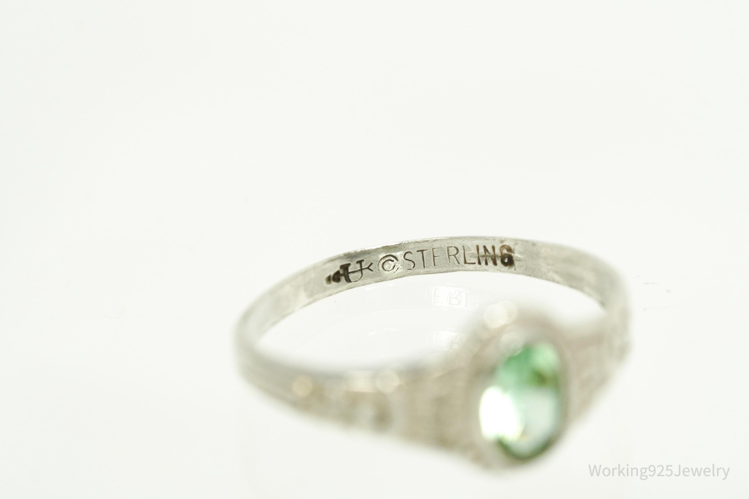 Antique Designer Uncas Green Glass Stone Sterling Silver Ring - Size 6