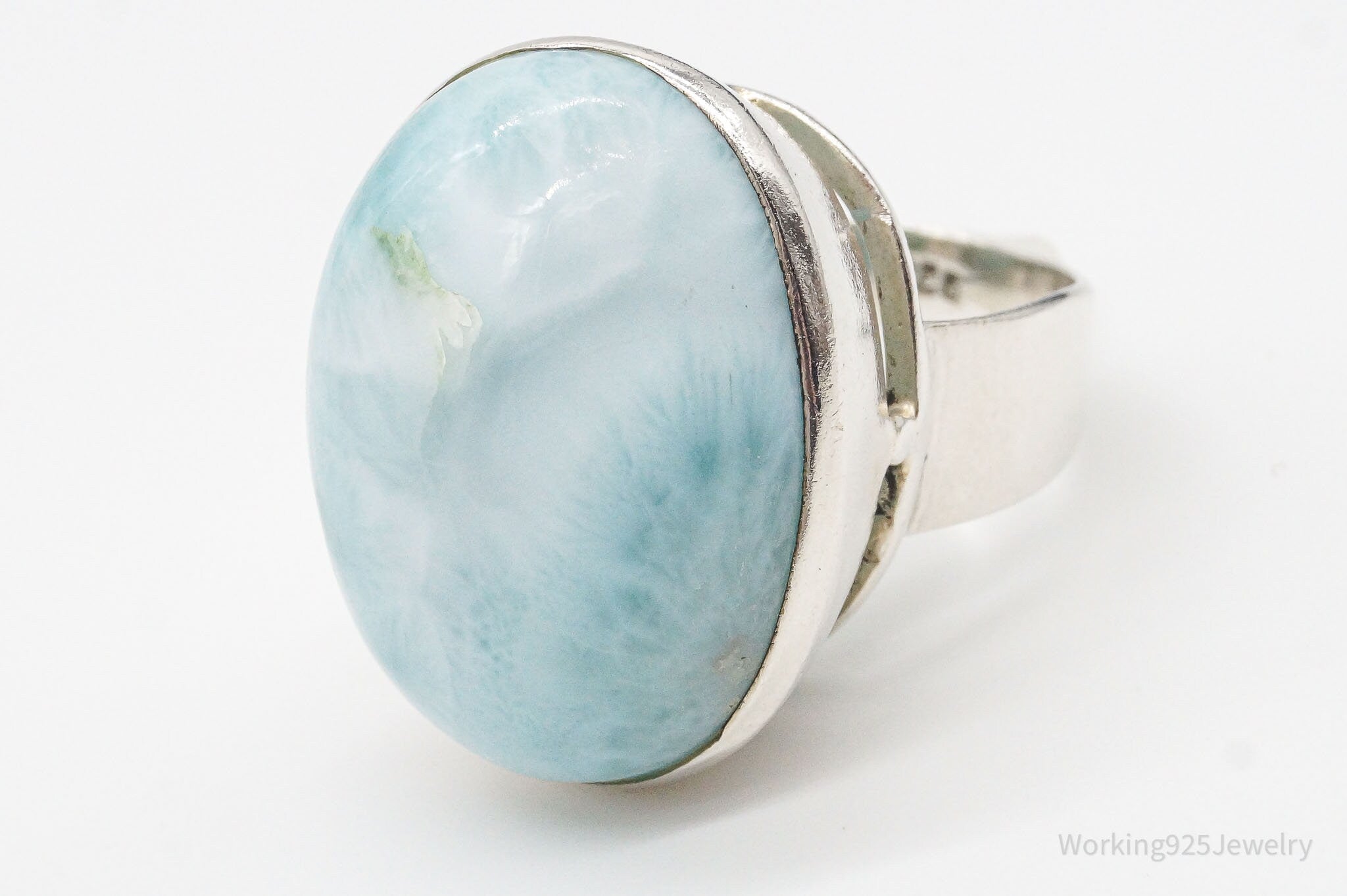 Vintage Large Blue Larimar Sterling Silver Ring - Size 6.75