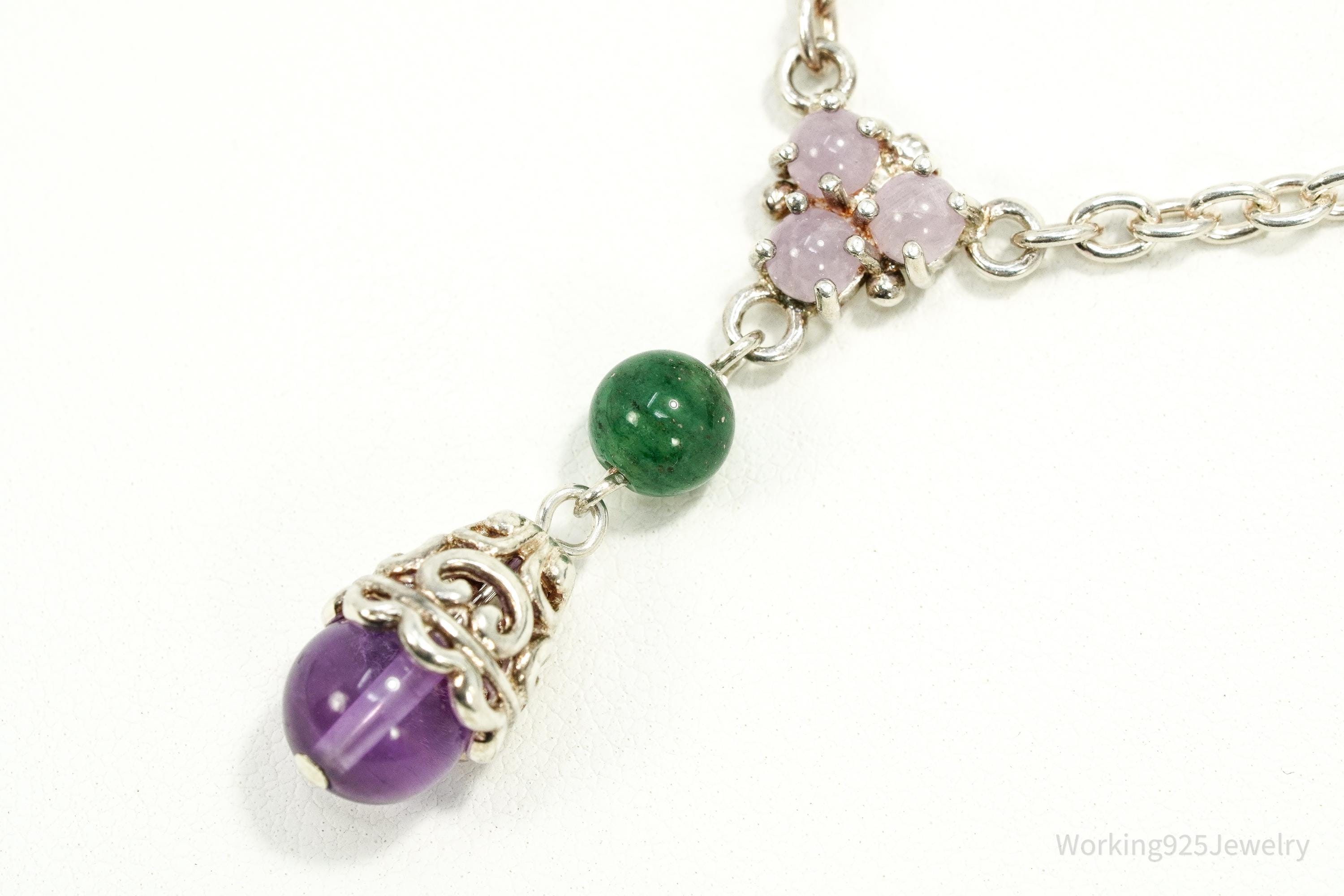 Vintage Jade & Amethyst Sterling Silver Necklace 17"