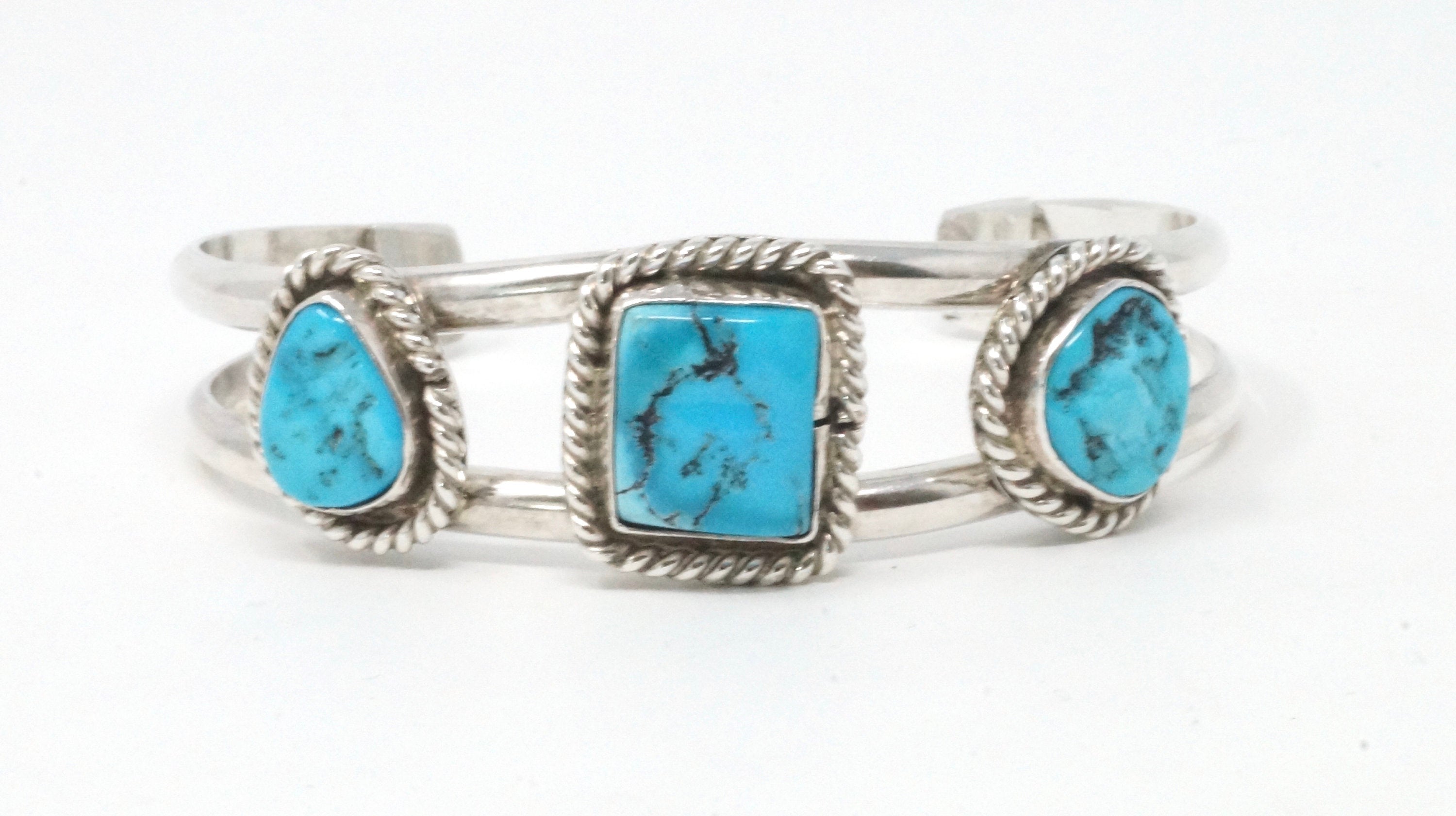 Vintage Southwest Handmade Sterling Silver Turquoise Rope Design Cuff Bracelet