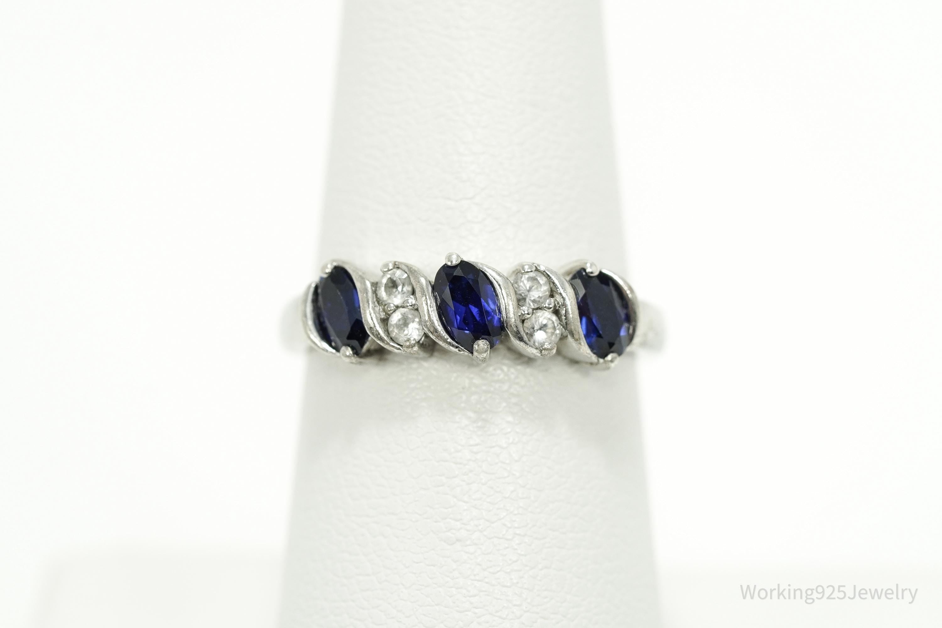 Vintage Lab Sapphire & White Topaz Sterling Silver Ring - Size 7