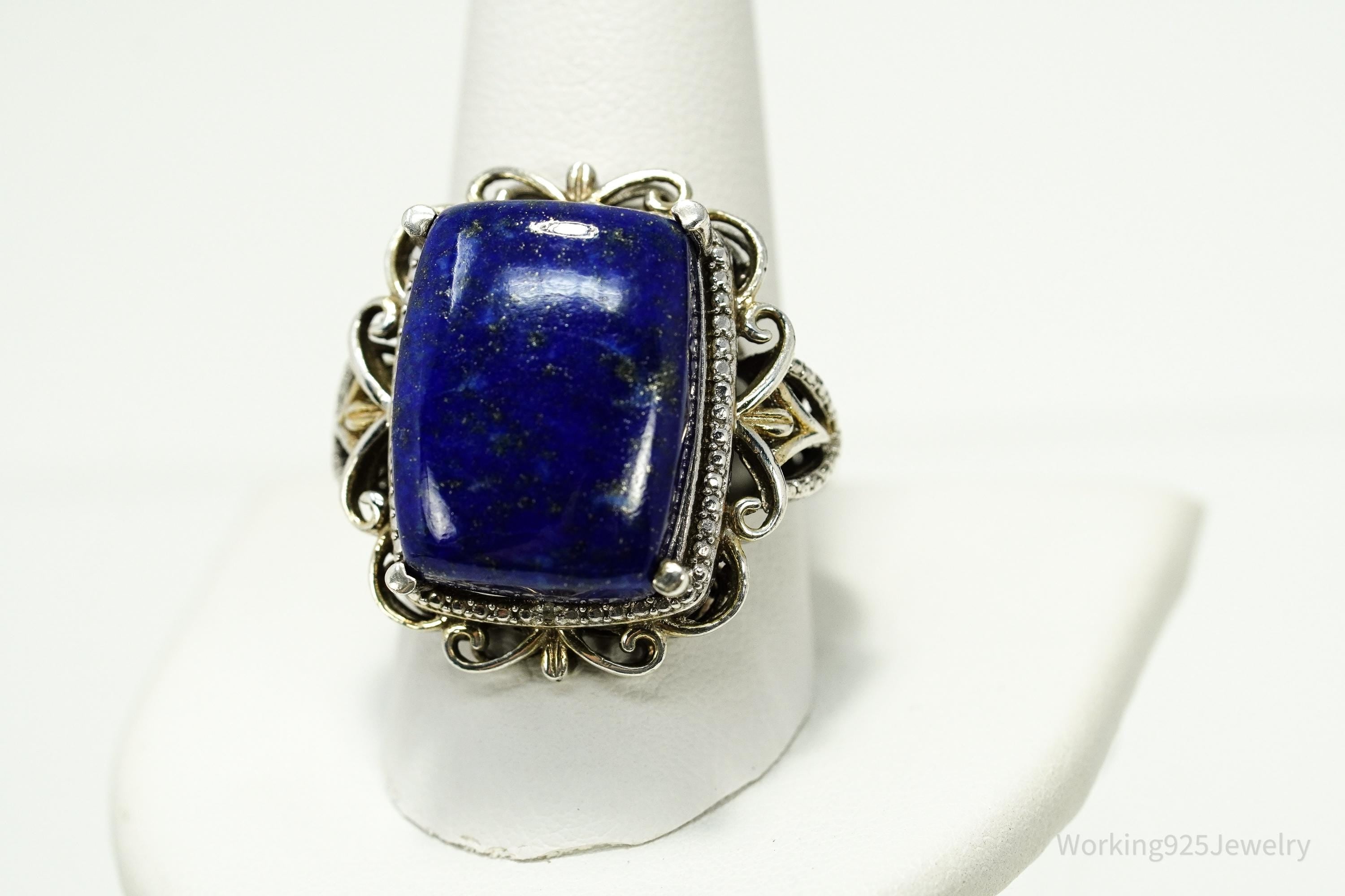 Vintage Lapis Lazuli & Diamond Gold Over Sterling Silver Ring - Size 10