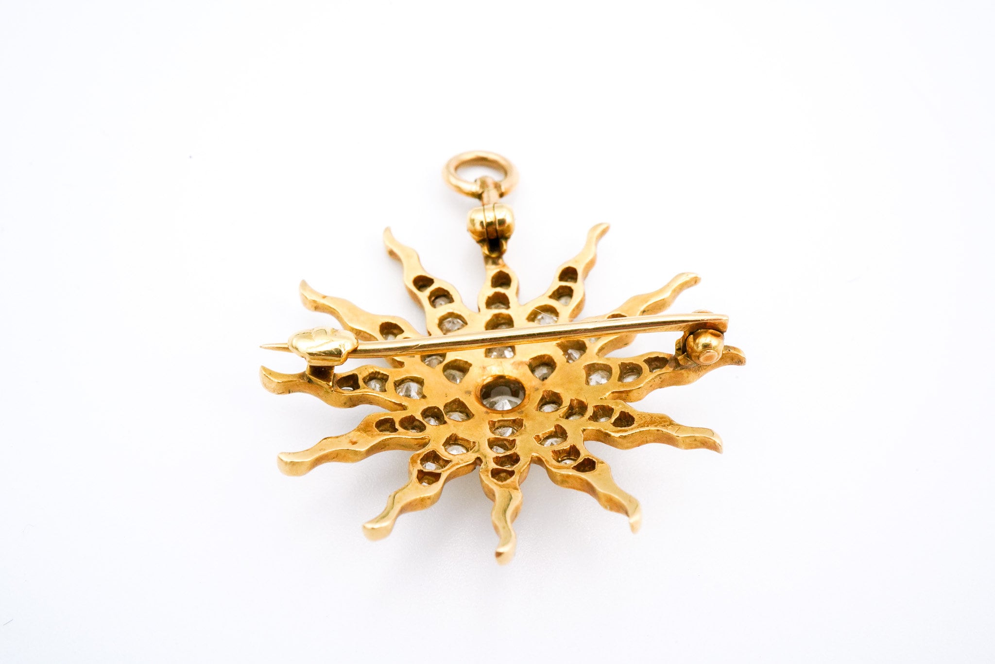 Victorian 14K Yellow Gold & Diamond Sunburst Brooch