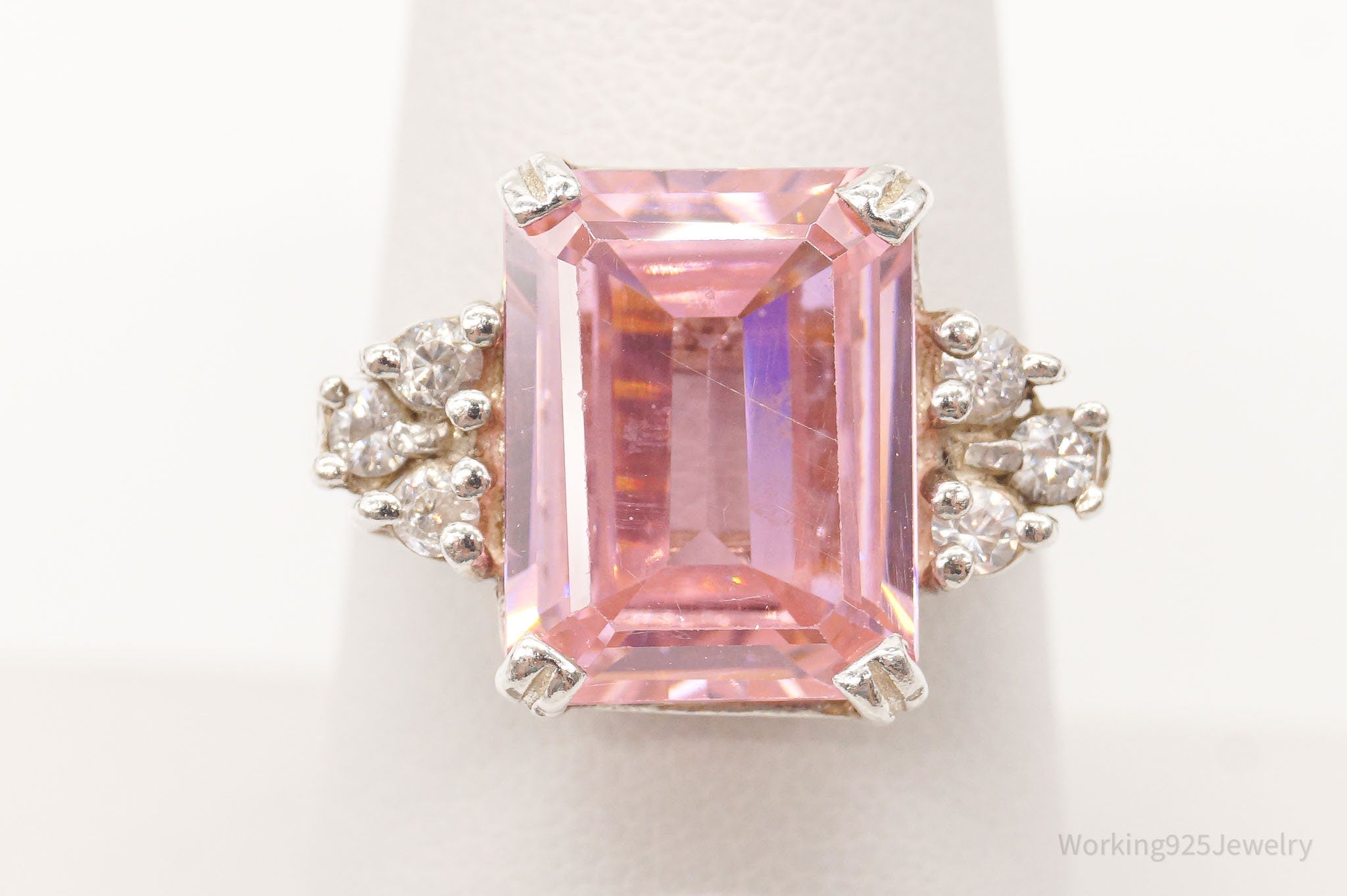 Vintage Pink & White Cubic Zirconia Sterling Silver Ring Size 7.75