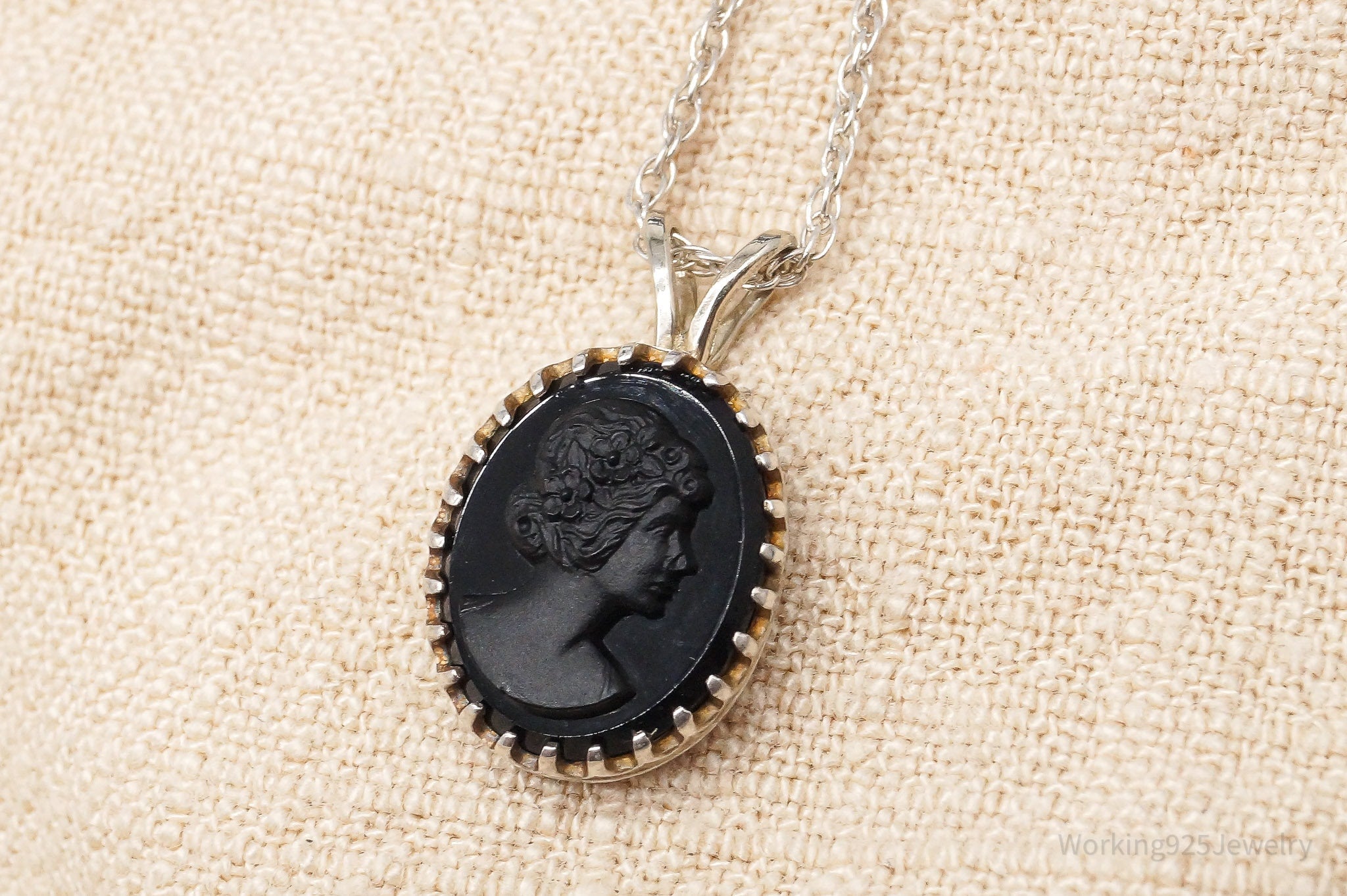 Vintage Carved Woman Black Cameo Sterling Silver Necklace 17"