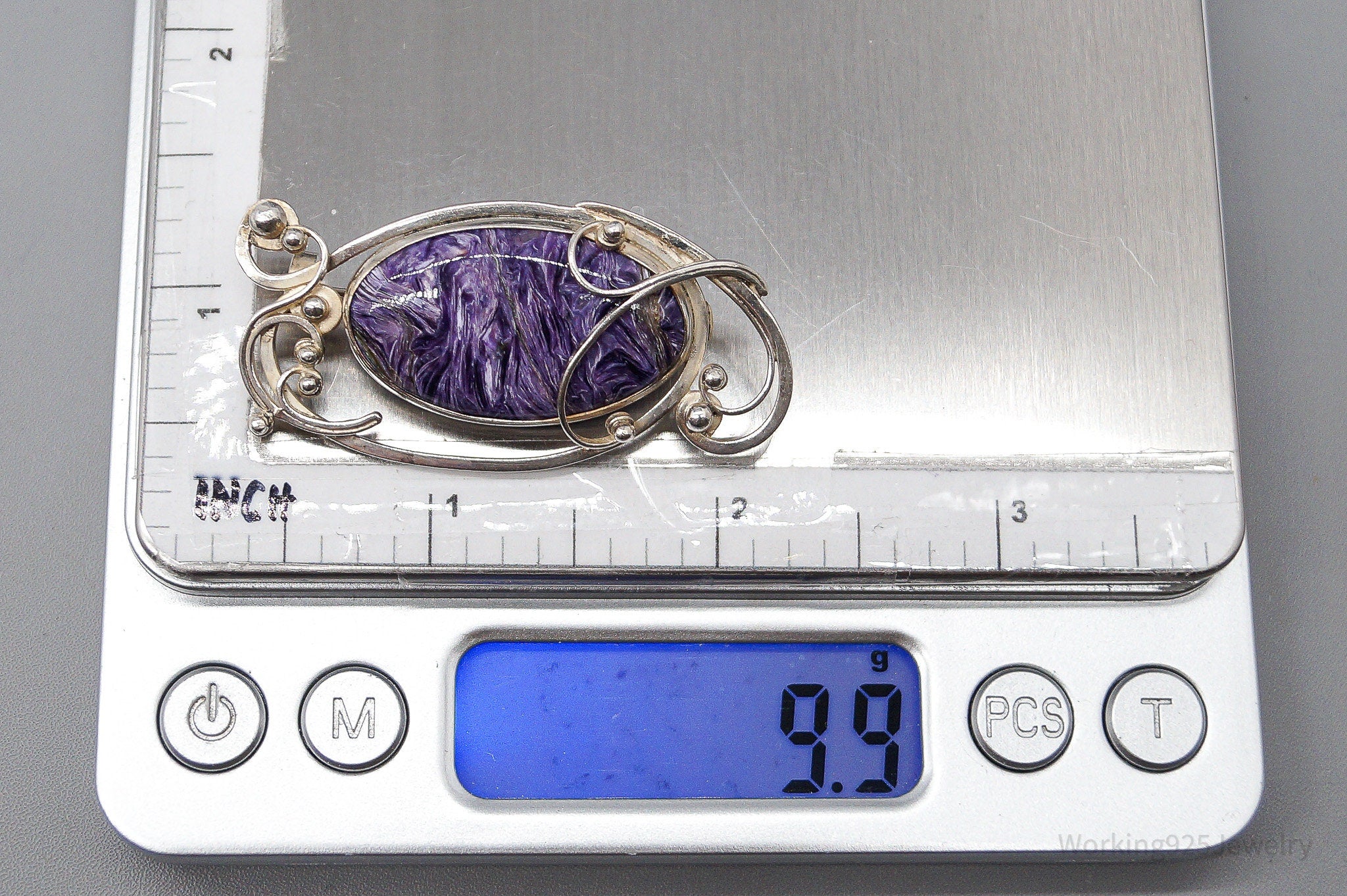 Antique Large Charoite Modernist Style Sterling Silver Russian Brooch Pin