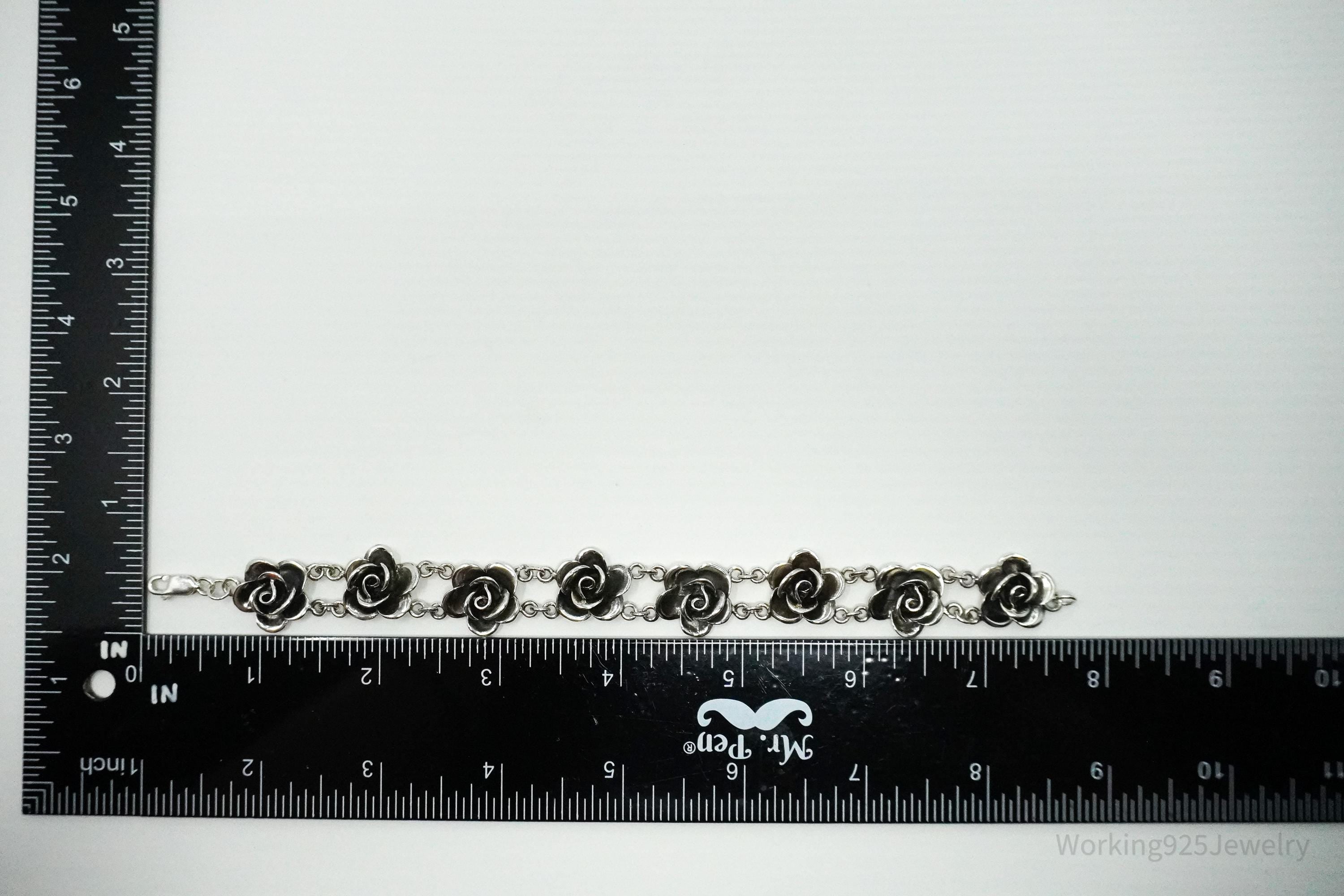 Vintage Roses Sterling Silver Bracelet 7.75"