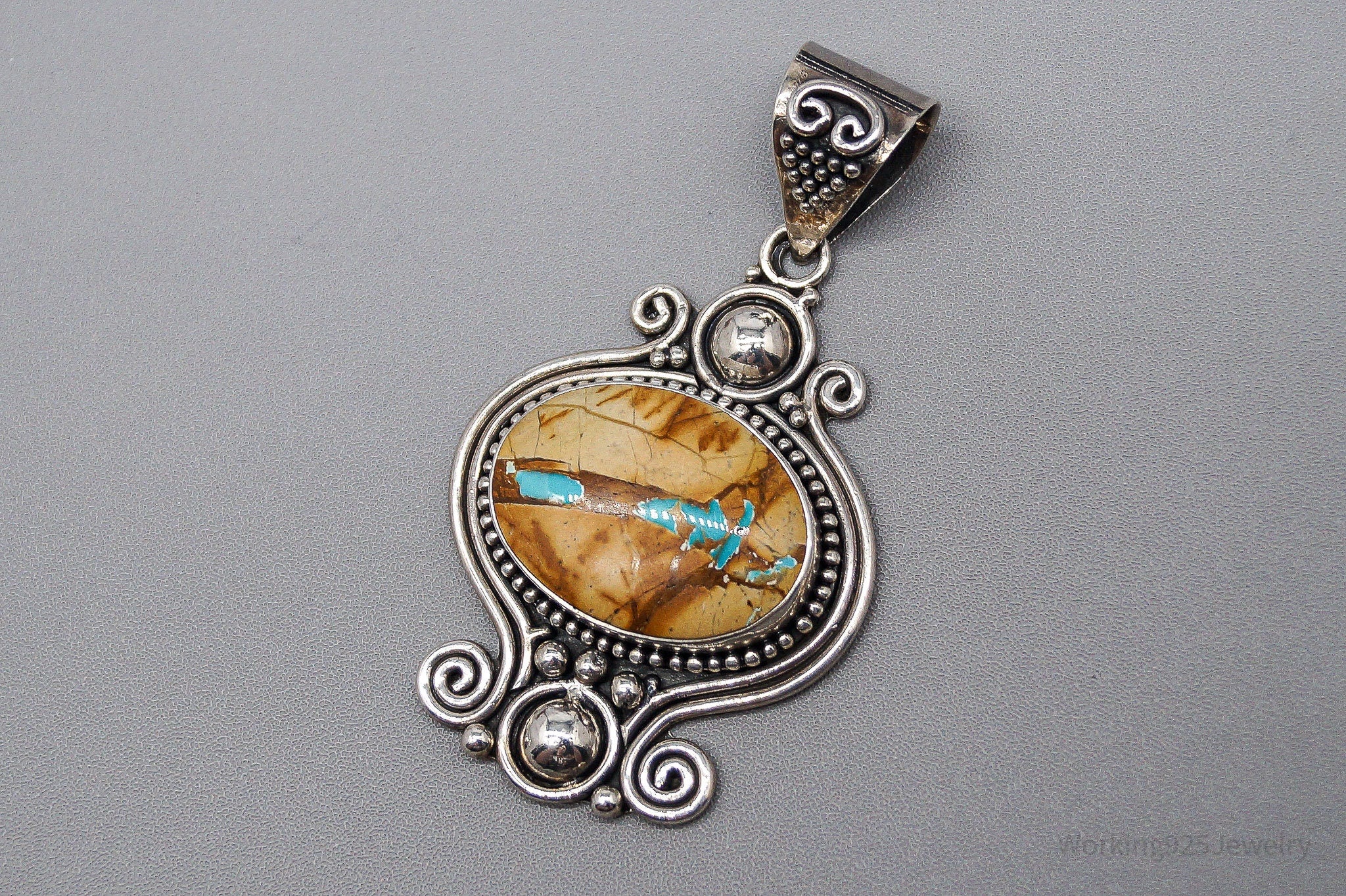 Large Vintage BNY Jasper With Hint Of Turquoise Sterling Silver Pendant