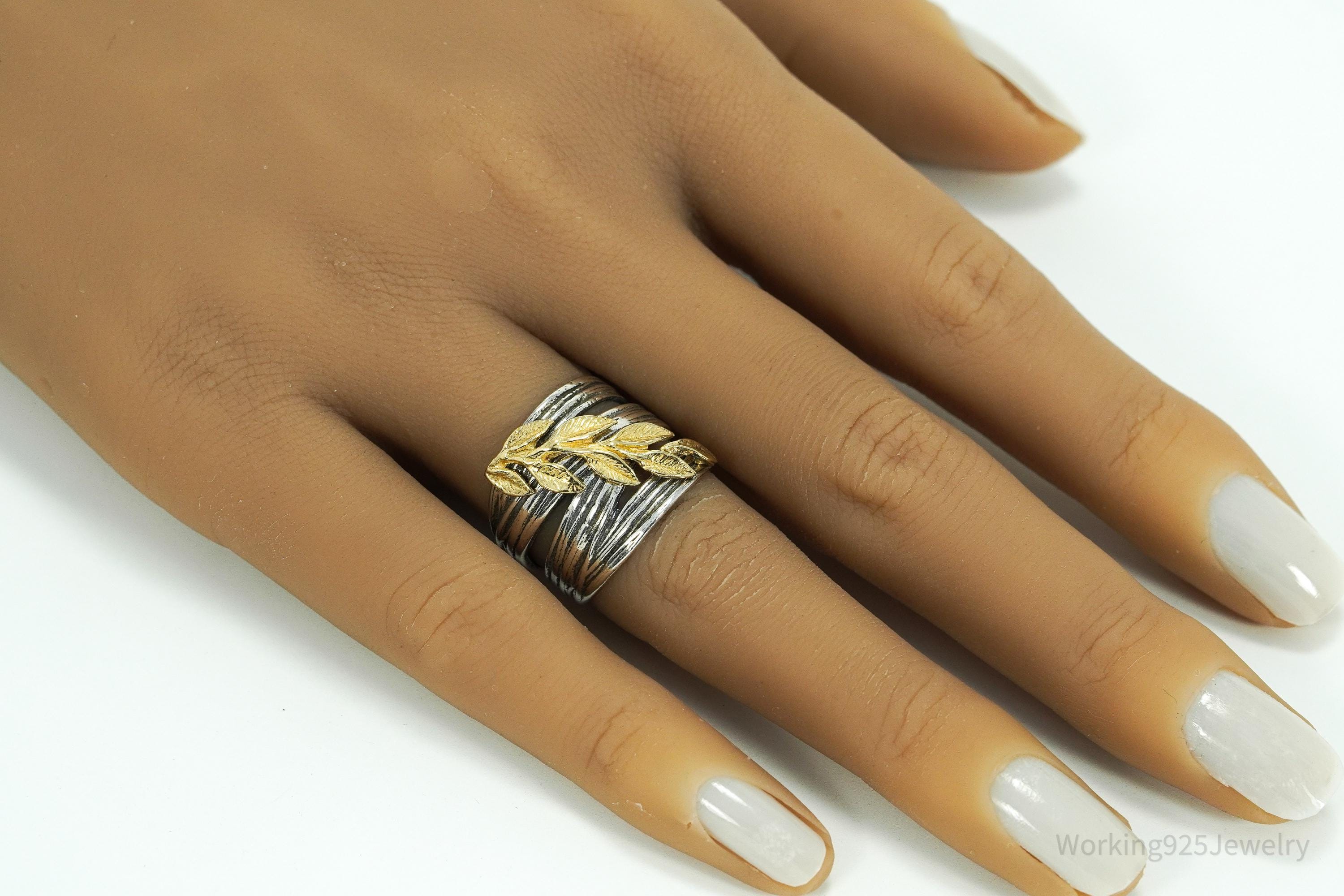 Vintage Israel Designer Paz Gold Vermeil Leaves Sterling Silver Ring Size 6.75