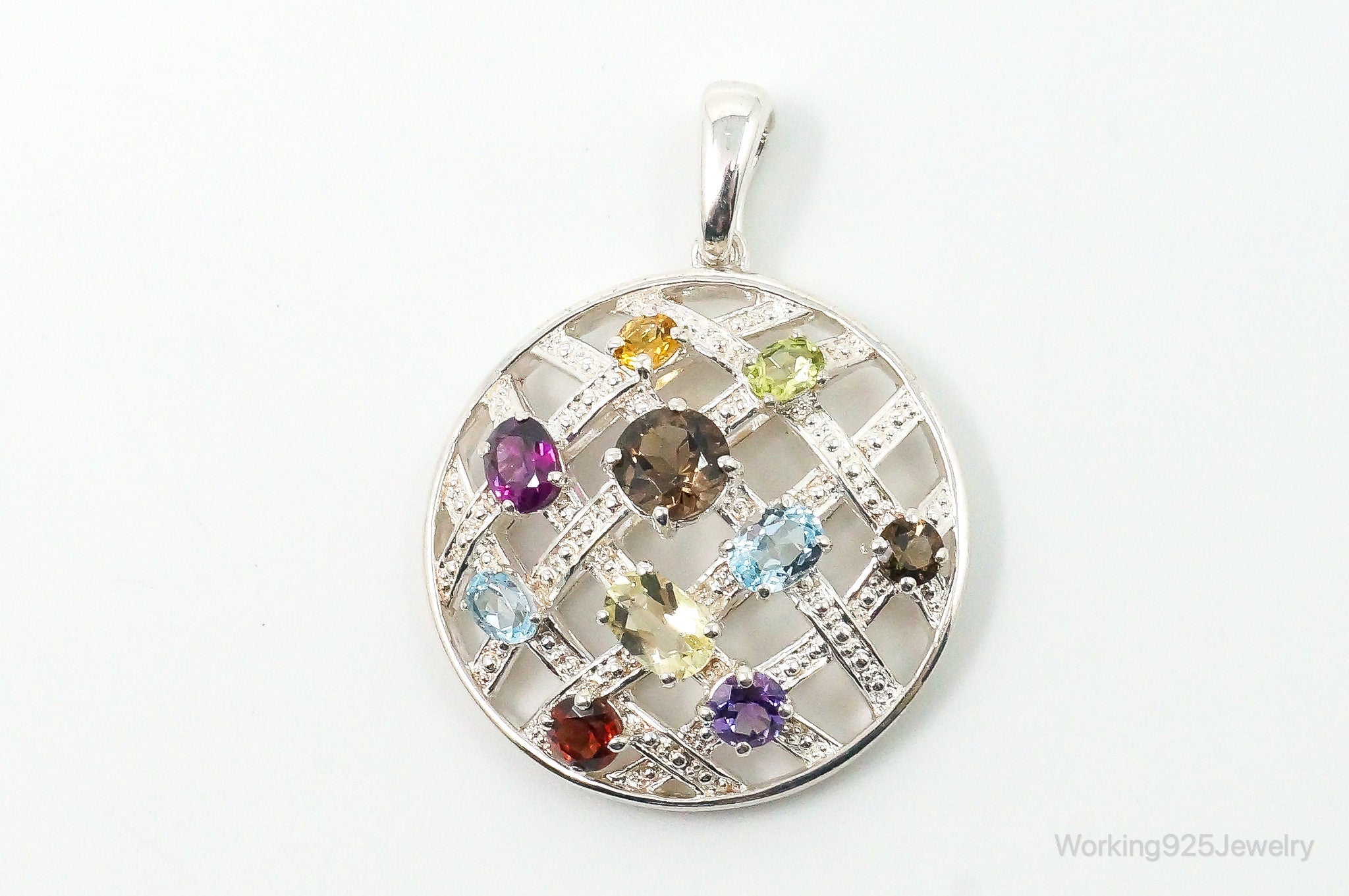 Vintage Multi Gemstone Sterling Silver Necklace Pendant