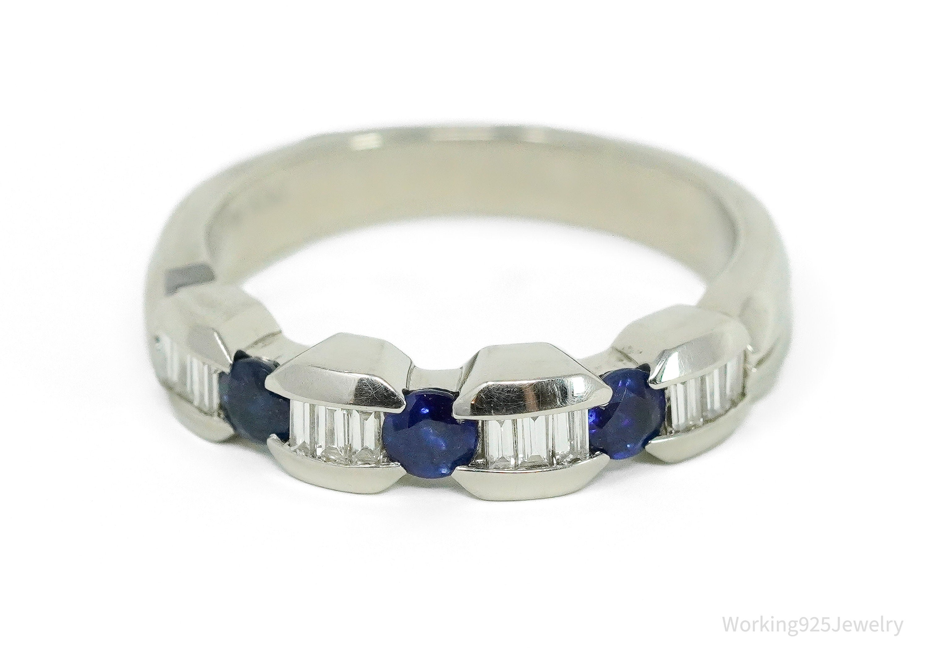 Platinum and Mixed Cut Sapphire and Diamond Prong Set Ring - Size 7.25