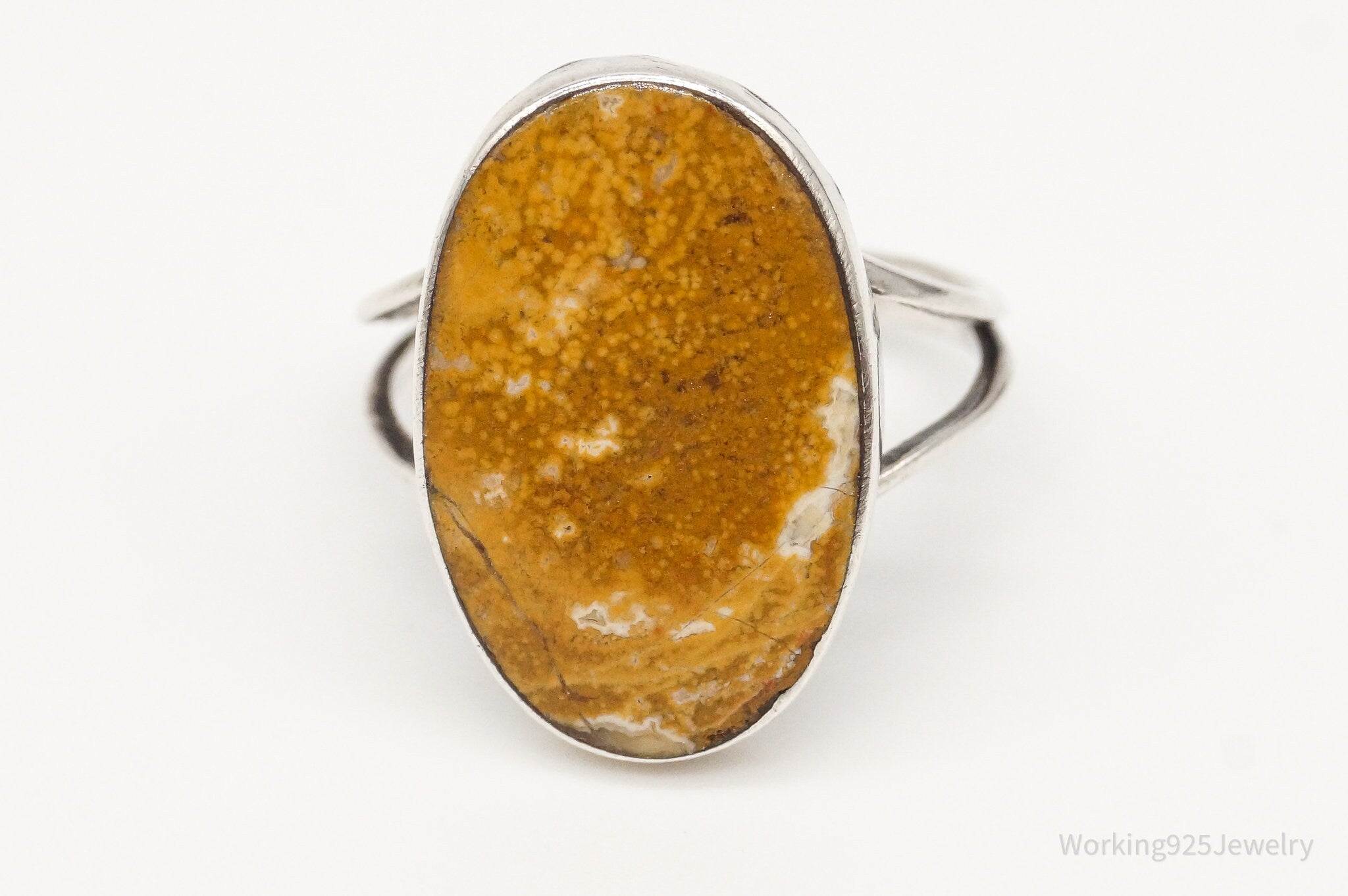 Vintage Yellow Brown Agate Silver Ring - Size 6