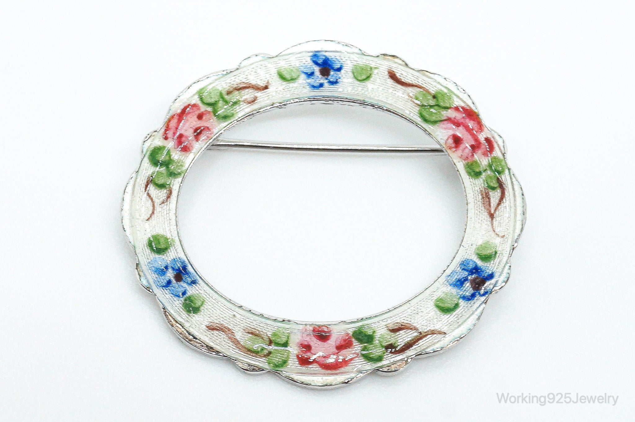 Vintage French LaMode Enamel Flowers Sterling Silver Brooch Pin