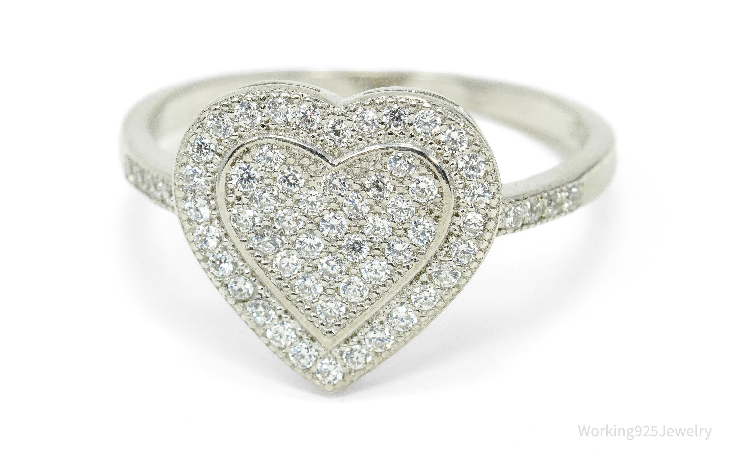 Vintage Cubic Zirconia Heart Sterling Silver Ring - Size 10.25