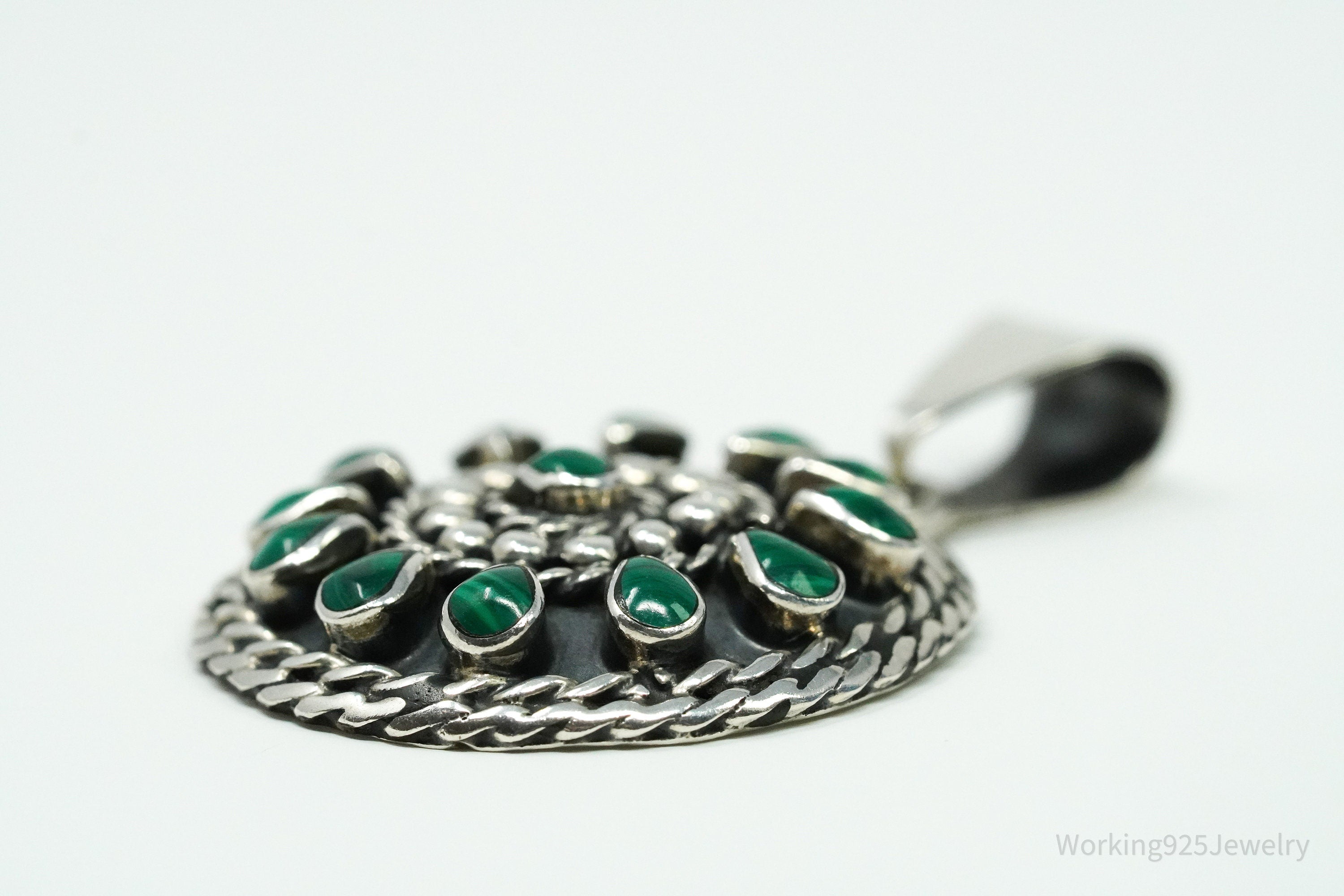 Vintage Large Mexico Malachite Sterling Silver Pendant 1 5/8"