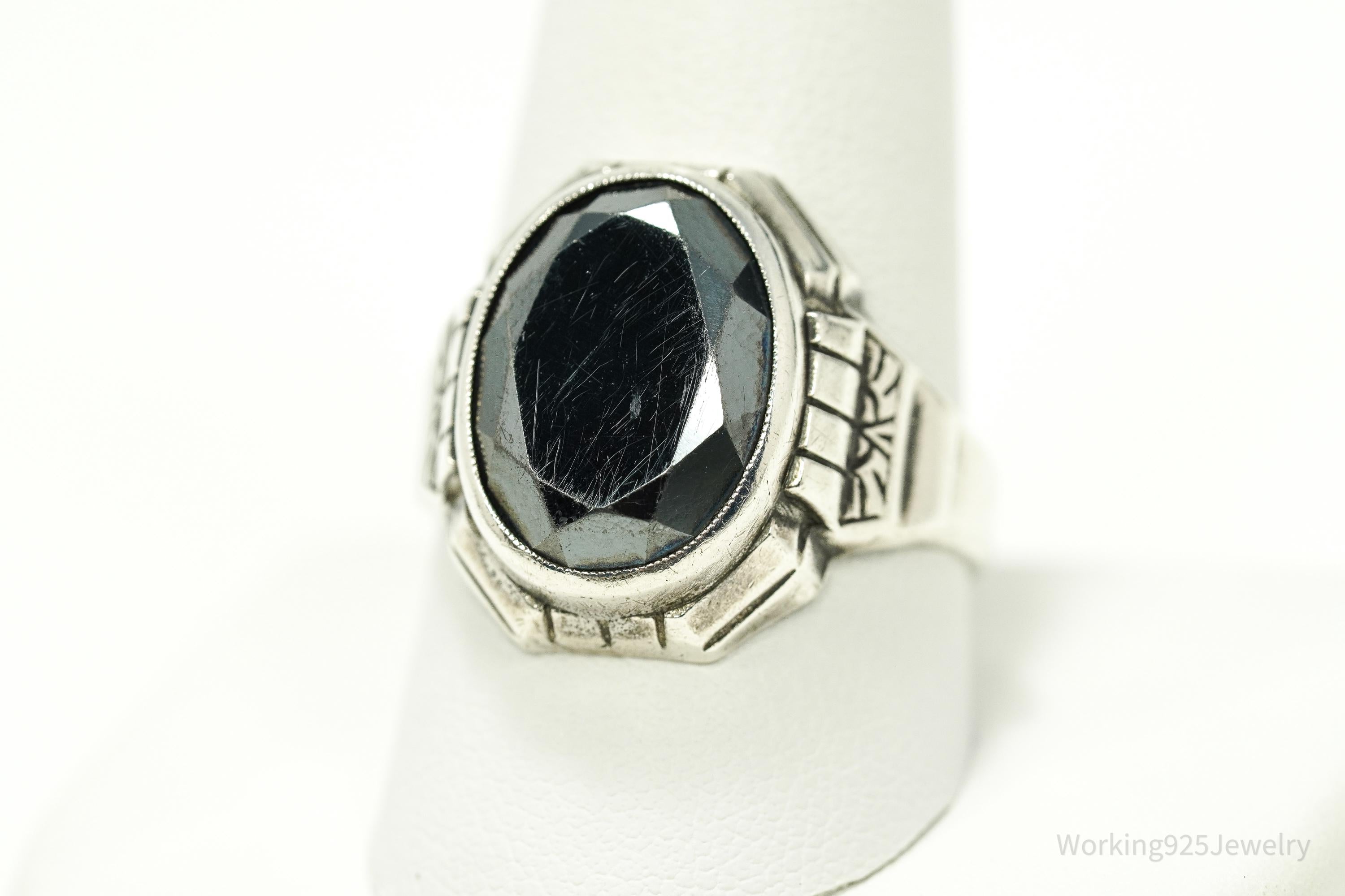 Antique Uncas MFG CO Hematite Sterling Silver Ring Size 10.75