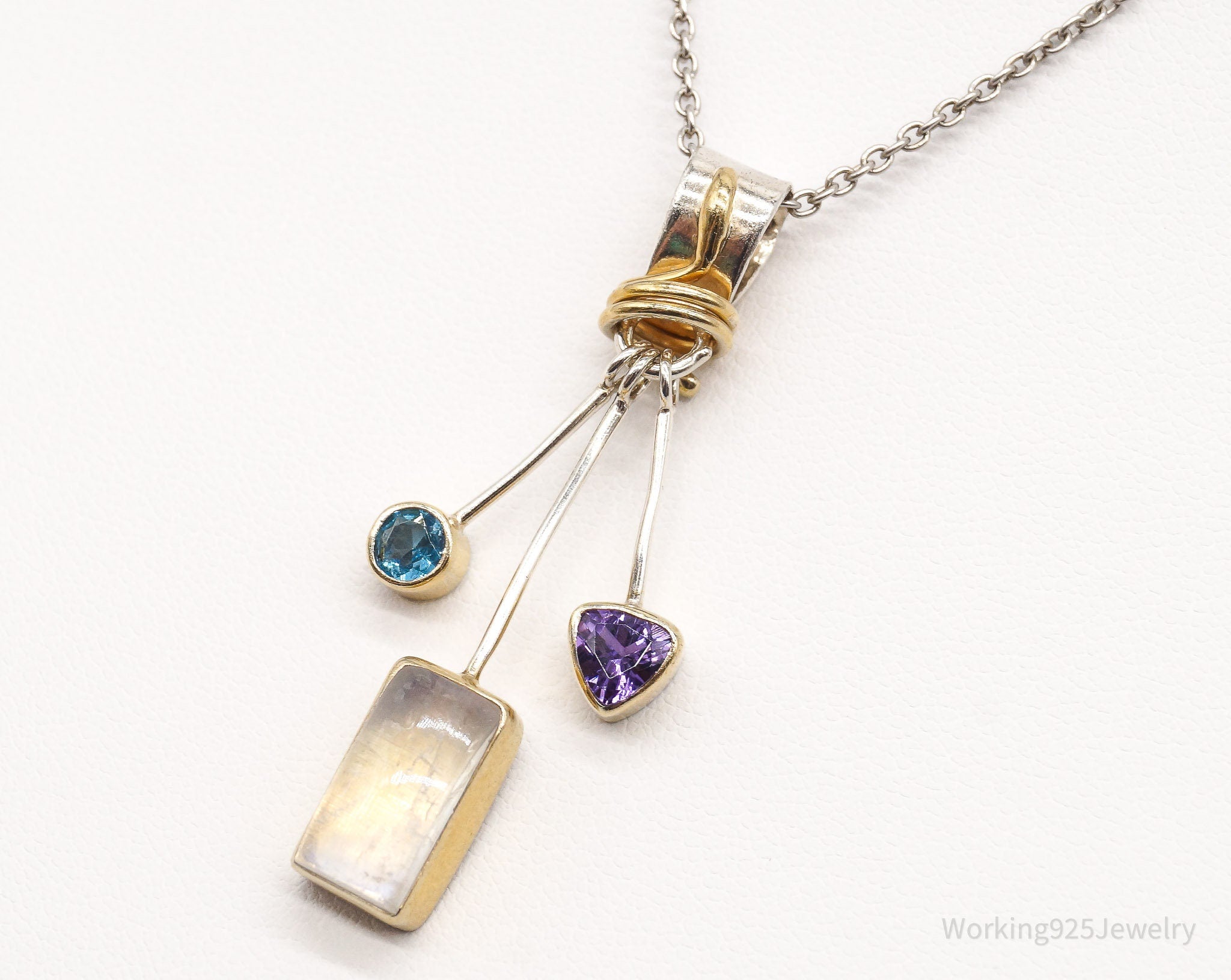 Vintage Blue Topaz Amethyst Moonstone Gold Vermeil Sterling Silver Necklace