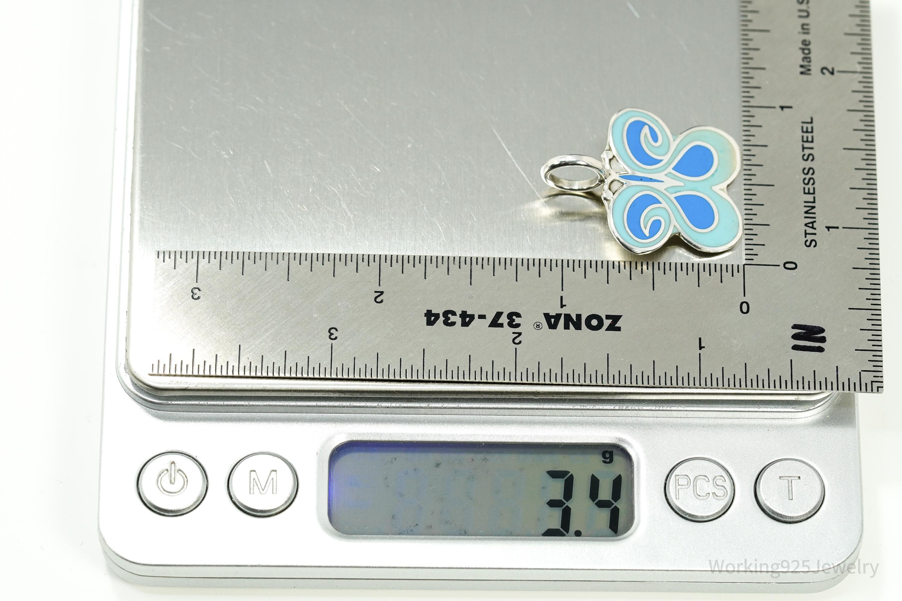Vintage Blue Enamel Butterfly Silver Necklace Pendant