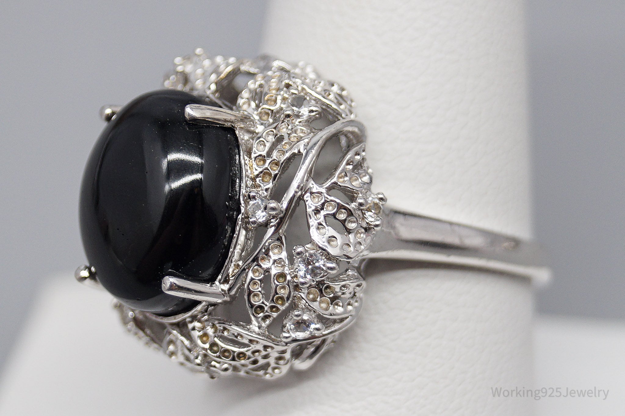 Vintage Black Onyx Cubic Zirconia Sterling Silver Ring - Size 9.25