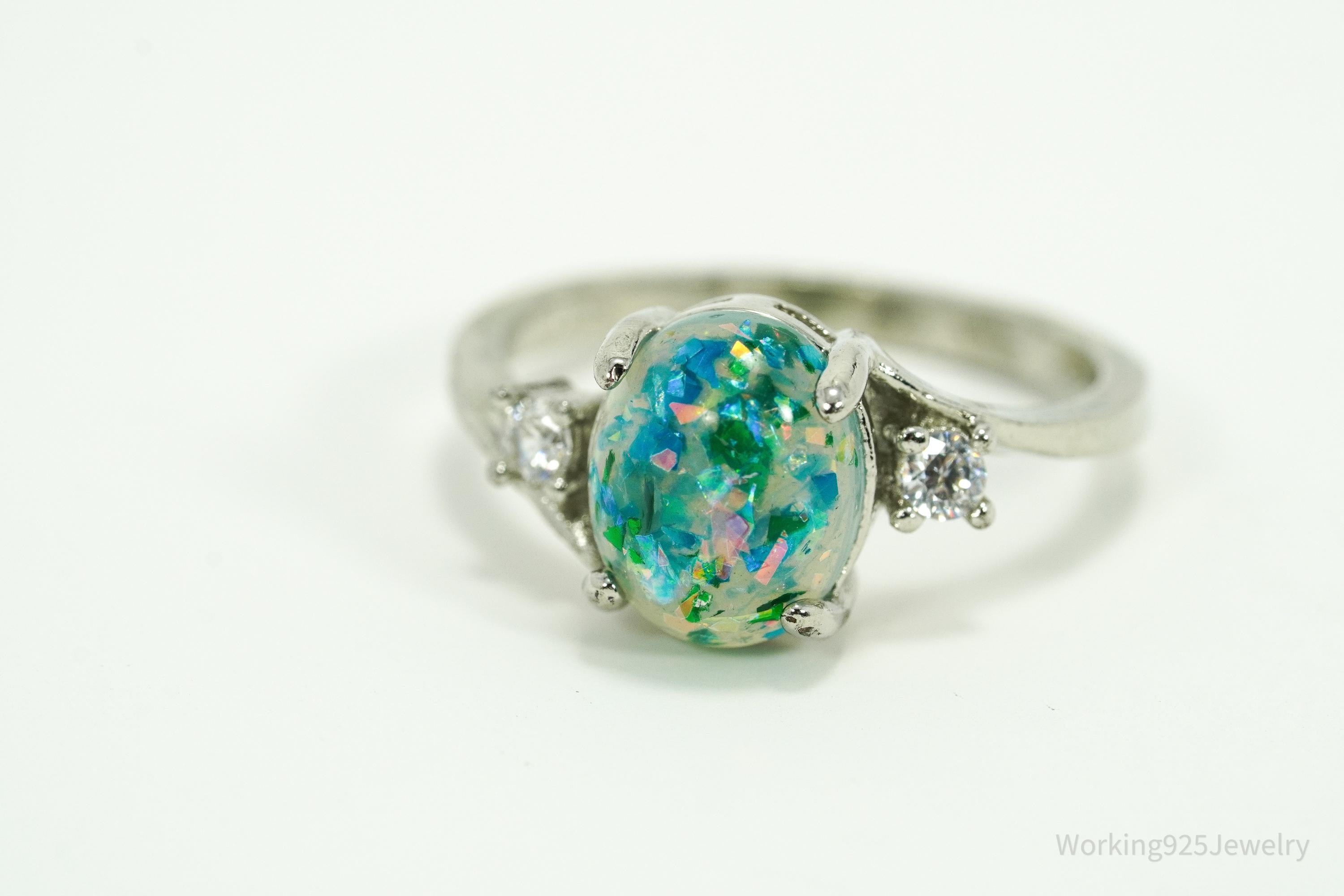 Vintage Faux Opal & Faux Diamonds Sterling Silver Plated Ring - Size 7