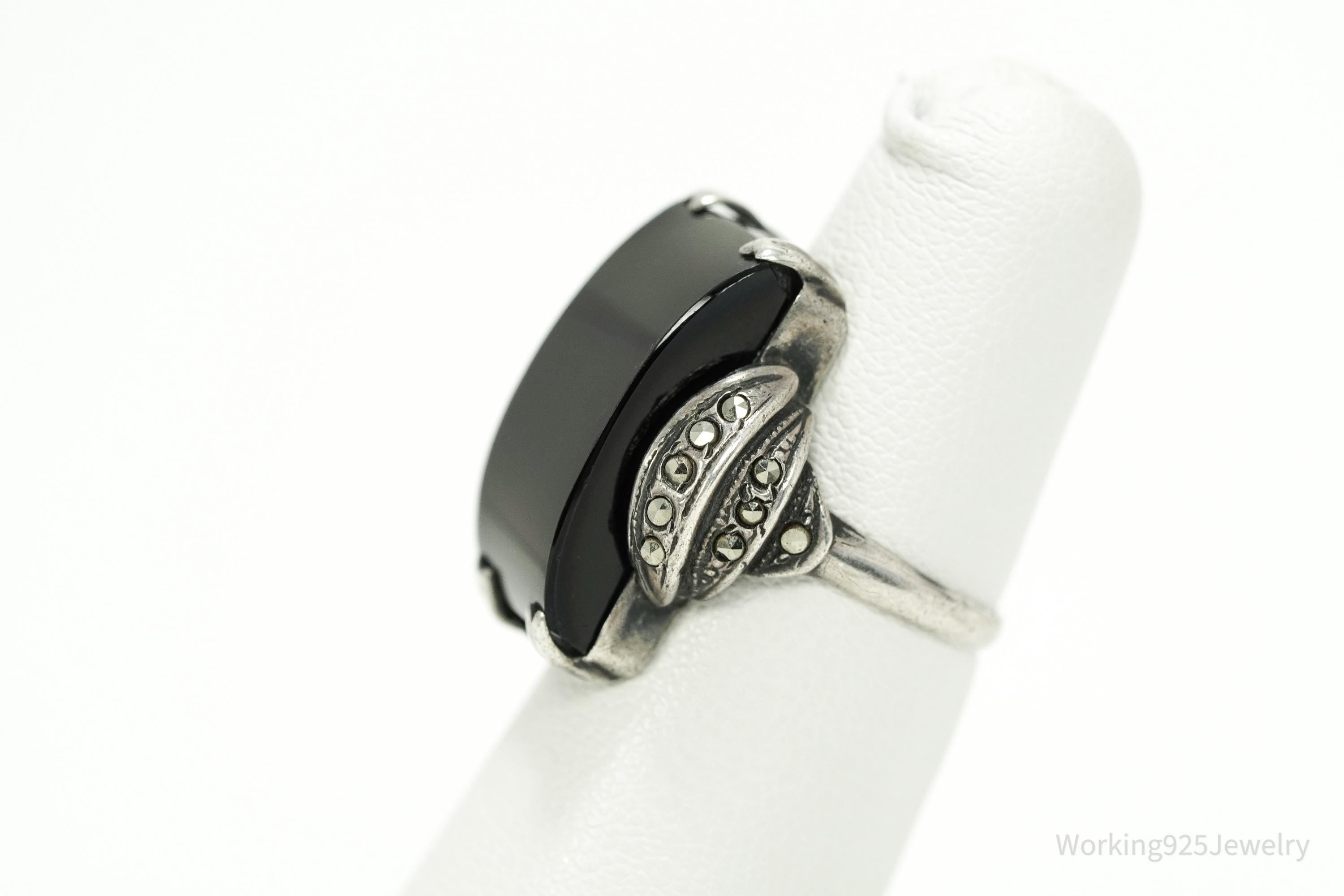 Antique Art Deco Black Onyx & Marcasite Sterling Silver Ring - Size 4.5