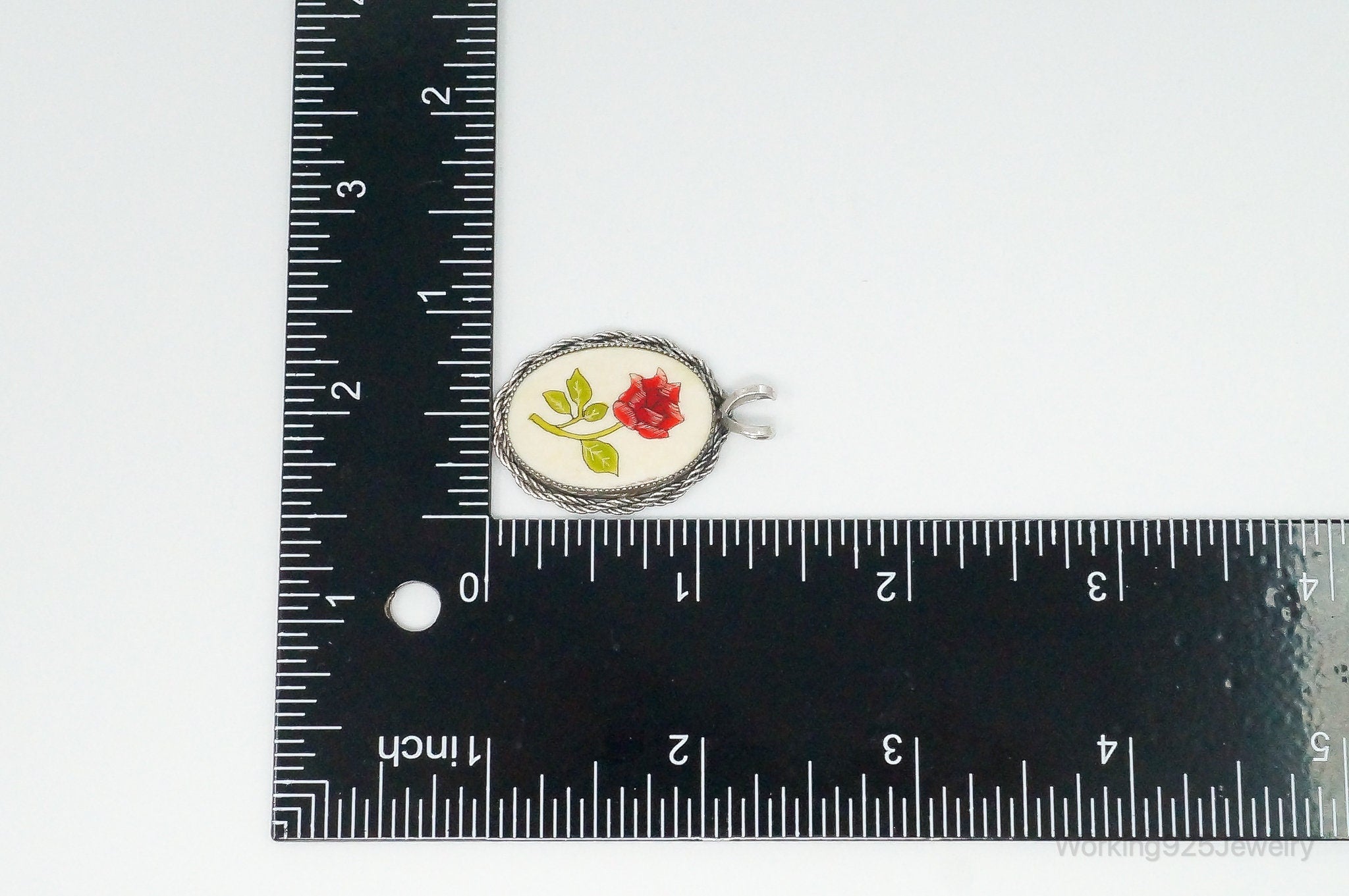 Vintage Painted Rose Bone Southwestern Sterling Silver Pendant