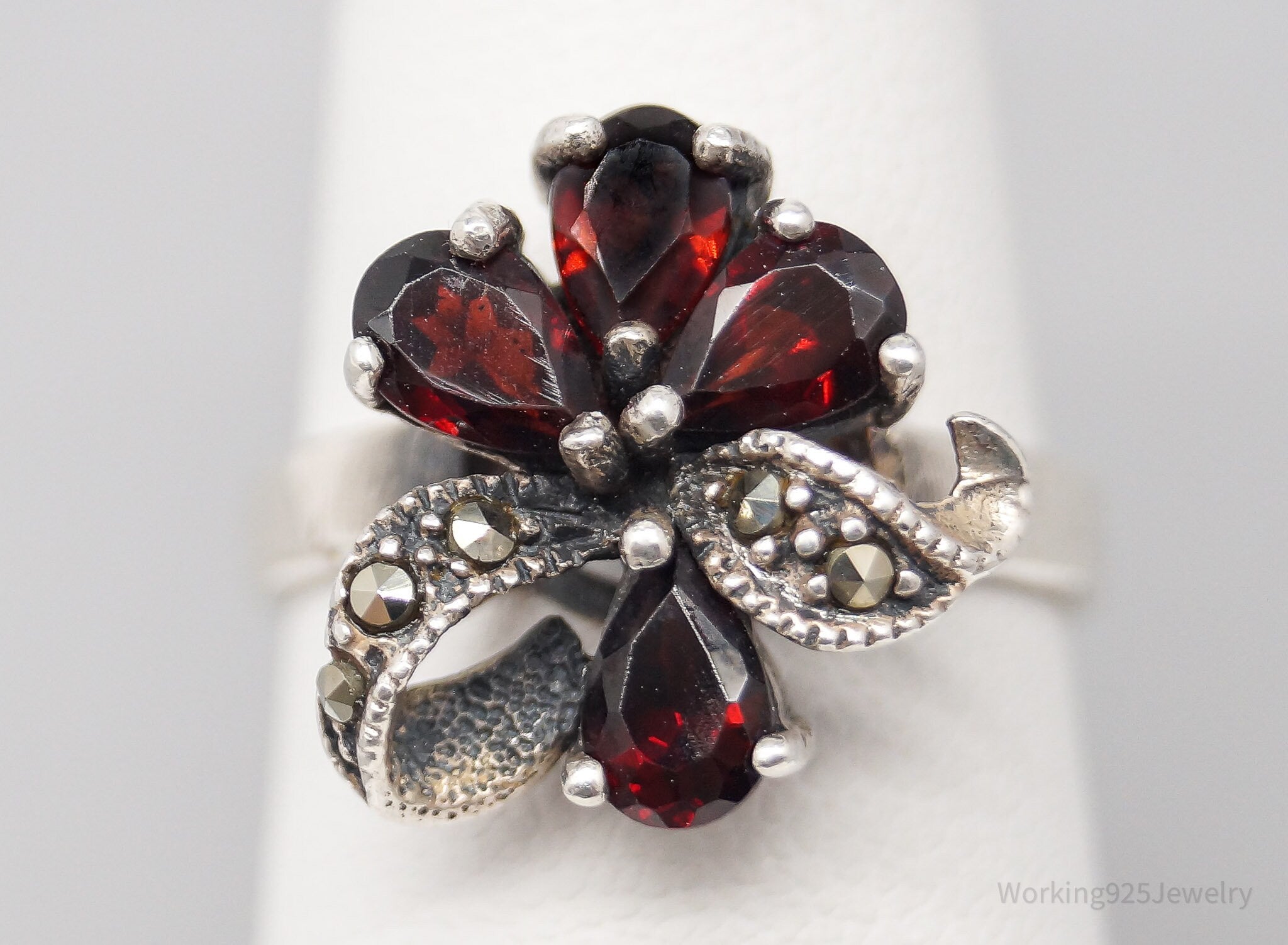 Vintage Garnet Marcasite Sterling Silver Ring - Size 7