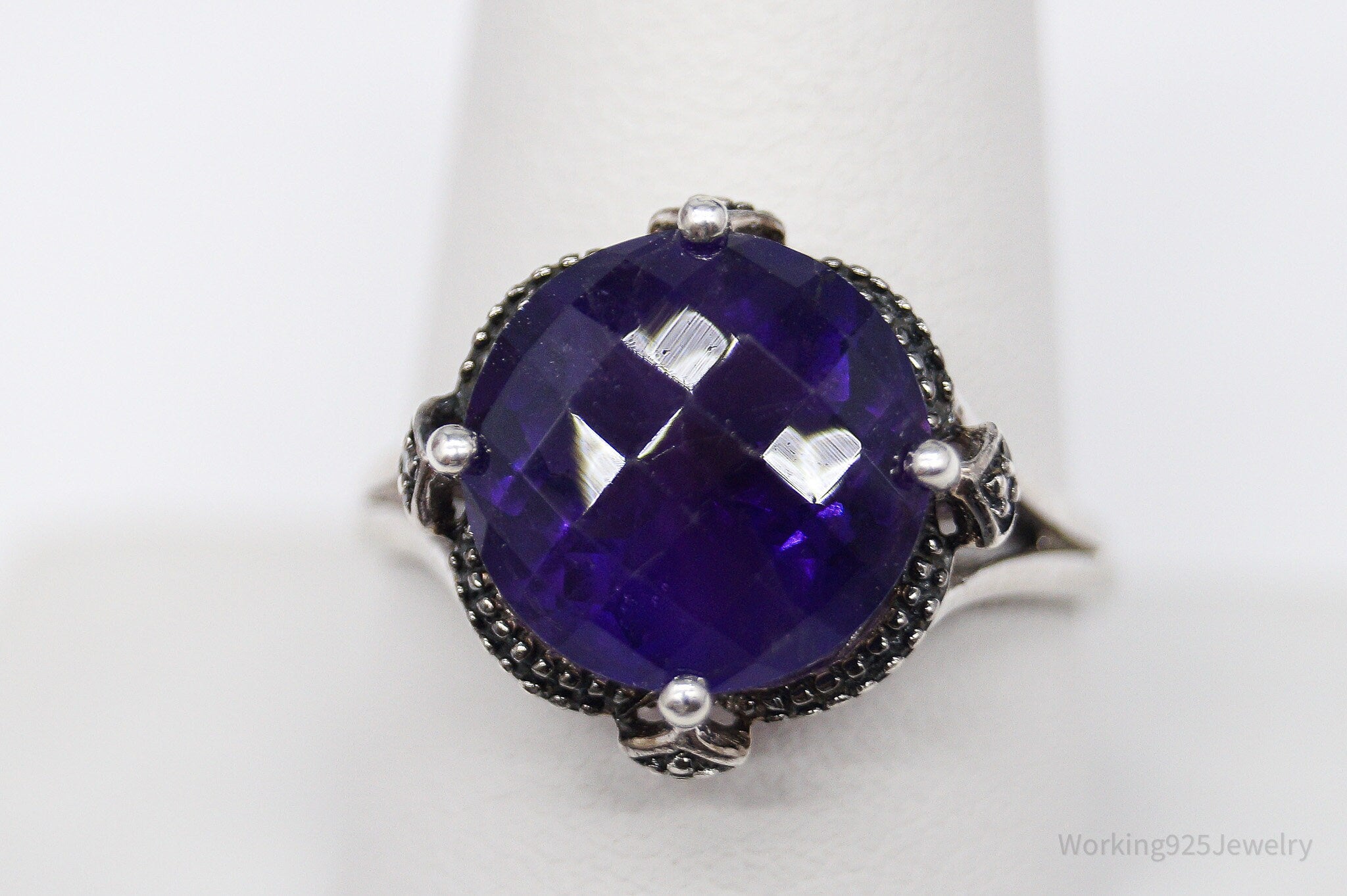 Vintage Amethyst & Diamond Sterling Silver Ring - Size 10