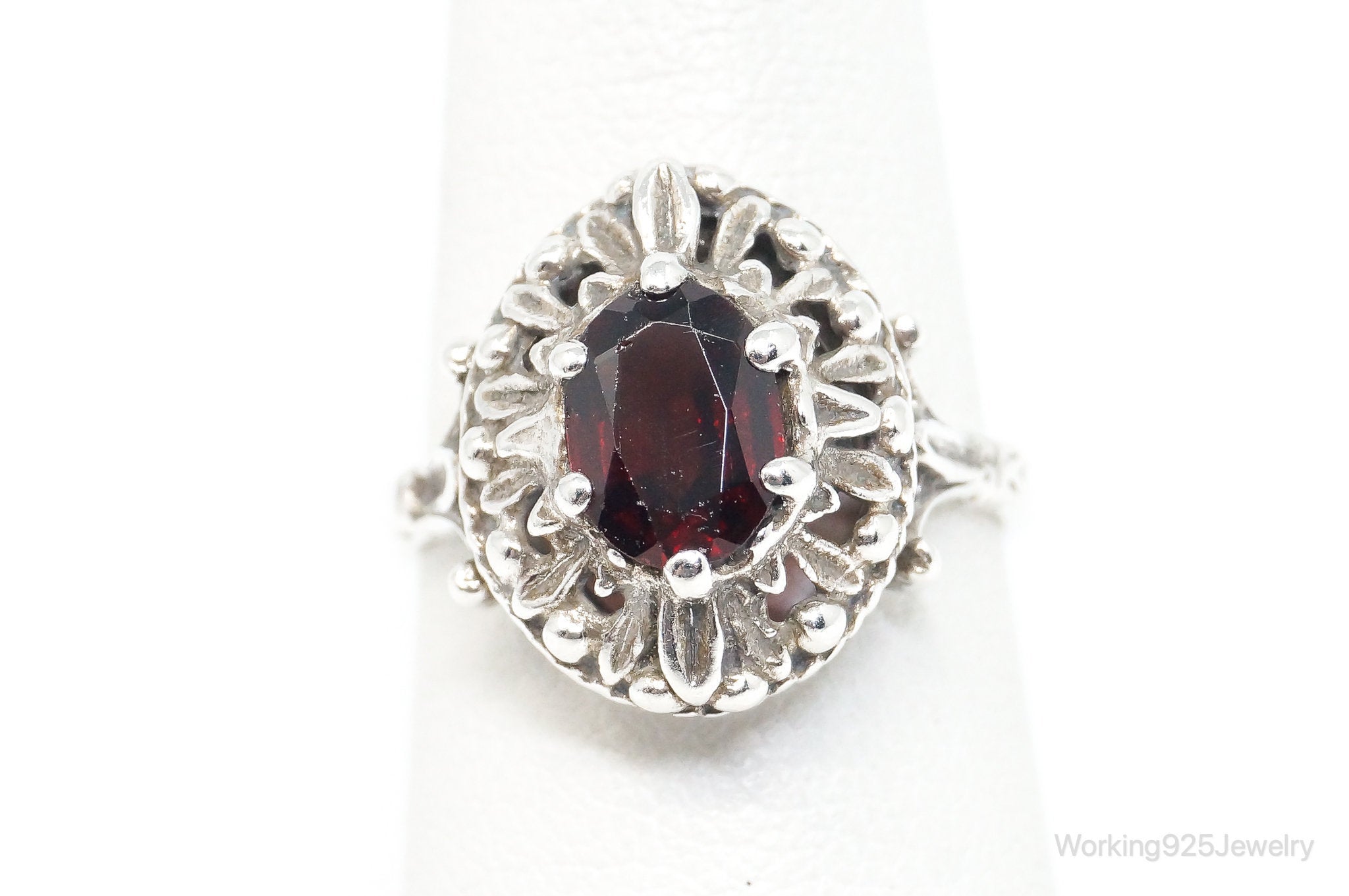 Vintage Mid Century Style Garnet Ring Sterling Silver - Size 6.5